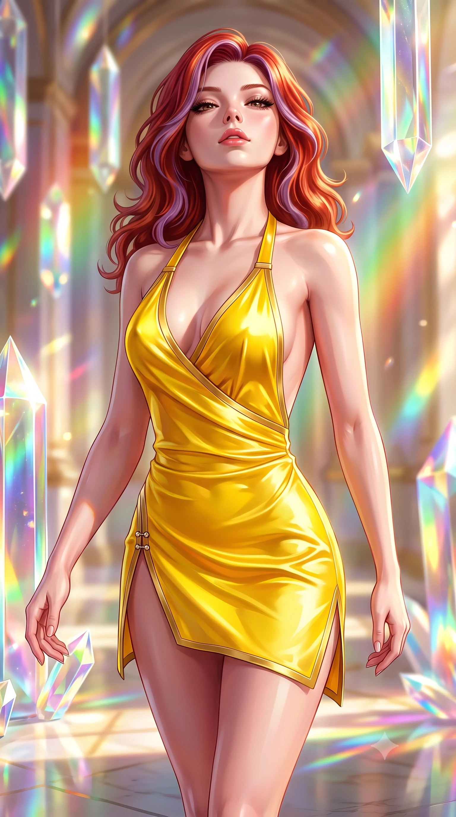 score_9, masterpiece, best quality, ultra-detailed, high-budget anime keyframe, semi-realistic 3D game render, editorial fashion photography, tasteful artistic composition, Caucasian woman. close-up cowboy shot from the waist and thighs up, the character dominates the composition, filling the frame with her large presence. tilting her head back with a sensual alluring expression, exposing her throat and shoulders to the camera with heavy lashes and softly parted glossy lips while striding commanding through a sun-drenched art hall where giant crystal prisms project vivid rainbow beams. The composition keeps background elements in soft focus with creamy bokeh. bright multi-colored light refractions creating a glowing, spectrum-lit backdrop. She has an exceptionally elegant, slender, and willowy female figure with an ultra-slim waist, a gracefully sculpted slender torso, toned flat midriff, and a refined slim silhouette. sharp v-shaped jawline, high-bridge nose, intricate jewel-like eyes with depth, thick eyelashes, glossy lips with a natural sheen, flawlessly proportioned anatomical accuracy, strict slender model proportions, natural body alignment, perfectly sculpted long slender limbs, ultra-slim waistline, clean dynamic posture without body distortion. wearing a form-contouring liquid satin halter-neck mini dress with a deep crossover cowl front, open back, and ultra-slender waist drape in vibrant sunburst canary yellow and gold trim, tailored from semi-translucent cybernetic vinyl with glowing micro-filaments, finished with an ultra-high side slit secured by miniature magnetic clasps, the sleek second-skin cut tightly hugging her graceful clavicle, narrow waist, and feminine curves with athletic precision. illuminated by high-contrast specular reflections on crystal and polished surfaces. highly saturated vibrant anime colors, detailed shading with soft gradients, rich glossy textures, high-contrast stereoscopic depth, volumetric dynamic lighting, master piece, 9:16 ratio