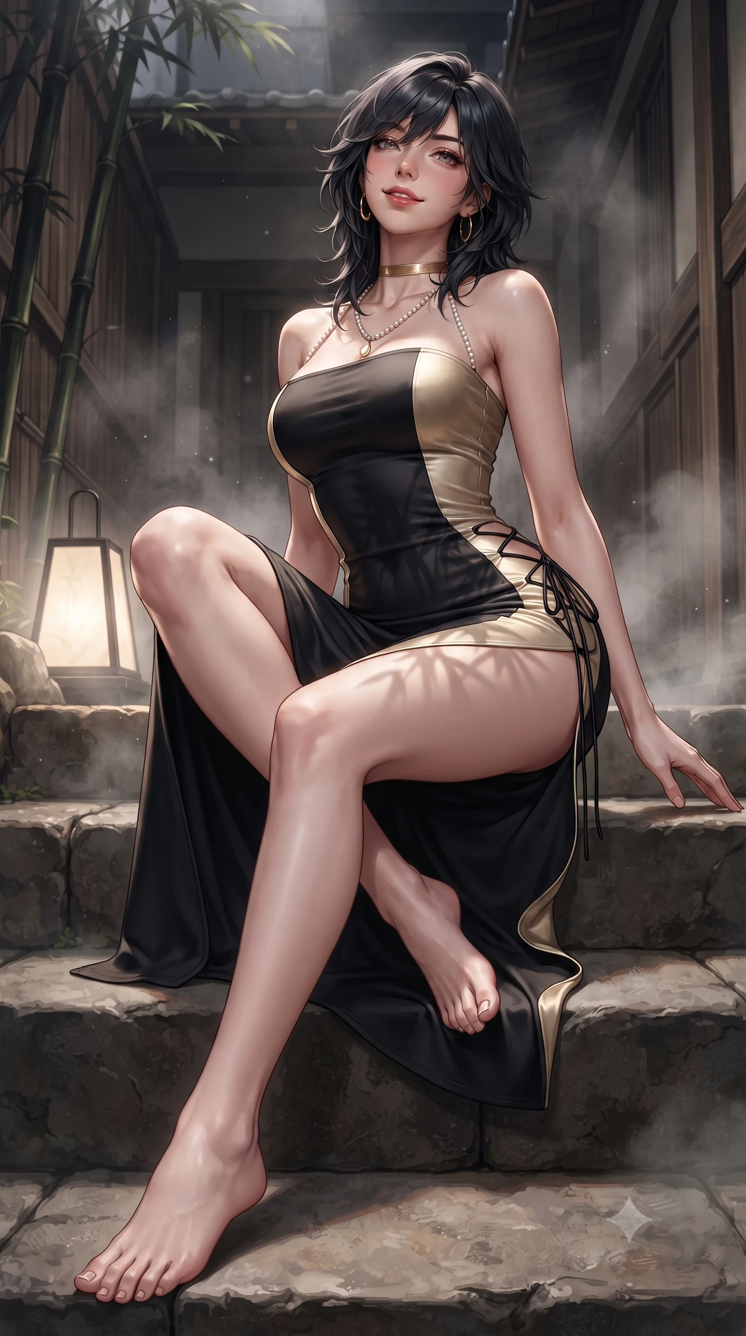 score_9, masterpiece, best quality, ultra-detailed, high-budget anime keyframe, editorial fashion photography, tasteful artistic composition, Caucasian woman. low angle full-body shot from head to toe showing her feet, filling the entire 9:16 vertical frame with her statuesque presence, stretching her vertical silhouette. sitting poised on the stone steps with one knee bent, arching her spine with supermodel elegance as she glances upward through thick eyelashes while twisting her slender torso in an alluring contrapposto stance, black bamboo shadows and lantern light tracing her flat midriff and hips. The surrounding environment is rendered in vivid detail and crisp panoramic clarity: detailed semi-sheer silk kimono robe cling, delicate gold jewelry shine, and bespoke ryokan timber craft in razor-sharp precision. She has an absolutely perfect, statuesque 8.5-heads proportion, an exceptionally tall and slender model-like female figure with impossibly long slender legs, an ultra-slim waist, a flat toned midriff, narrow delicate ribcage, and beautifully sculpted feminine hips creating a graceful, slim hourglass silhouette without any bulky heaviness. sharp v-shaped jawline, high-bridge nose, sparkling eyes with hypnotic seductive depth, thick curled eyelashes, glossy parted lips with a natural dewy peach sheen, alluring bedroom-eyes with an enchanting coquettish smile, exuding magnetic siren charisma and sophisticated glamour, flawlessly proportioned anatomical accuracy, strict slender model proportions, natural body alignment, perfectly sculpted long slender limbs, ultra-slim waistline, clean dynamic posture without body distortion. wearing a form-contouring ribbed knit tube dress with subtle side-lace ties tracing the curve of her hips in midnight obsidian black and liquid champagne gold, tailored from fine structural neoprene with crisp architectural edges and smooth contouring, accented with a pearl-drop body harness subtly framing her dewy collarbones and spine, the liquid-tight tailored fabric clinging flawlessly to her narrow waist and rounded feminine hips, emphasizing every millimeter of her sculpted slim hourglass curves without any bulky heaviness. illuminated by hot water steam scatter and sharp silvery rim lights sculpting her jawline, narrow waist, and voluptuous hip curves. ultra-reflective glossy finish, specular highlights, rich textural contrasts, high-contrast stereoscopic depth, volumetric dynamic lighting, 2k, ultra detail, master piece, 9:16 ratio