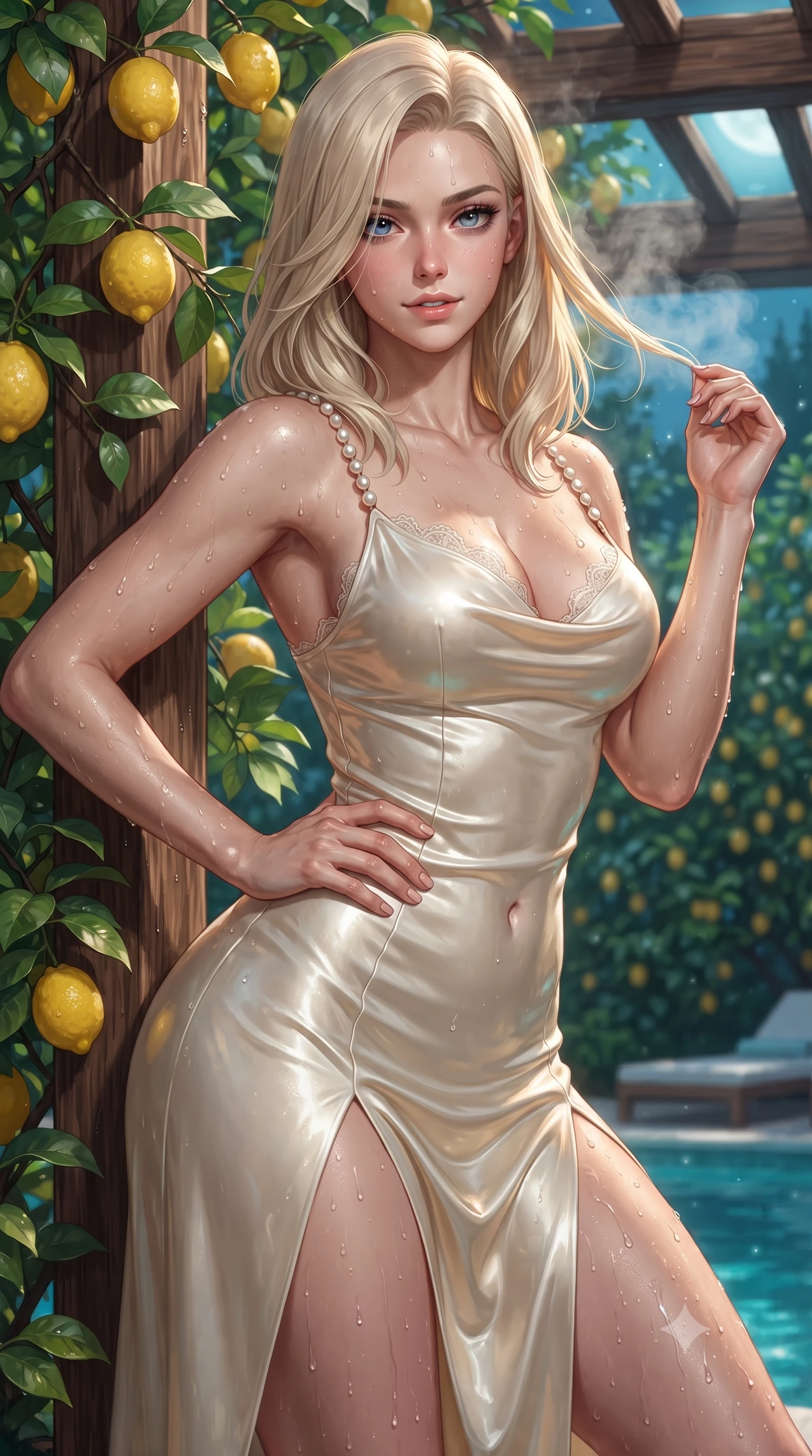 score_9, masterpiece, best quality, ultra-detailed, high-budget anime keyframe, editorial fashion photography, tasteful artistic composition, Caucasian woman. close-up cowboy shot from the waist and thighs up, the character dominates the composition, filling the frame with her large presence. twisting her slender torso in an alluring contrapposto stance, one hand resting on her sculpted hip while her fingers toy with her hair with effortless poise while leaning back against the fragrant lemon tree trellis with hips cocked back, looking through rising mineral steam with an intoxicating bedroom-gaze. The surrounding environment is rendered in vivid detail and crisp panoramic clarity: sharp rustic chestnut pergola wood grain, glossy yellow lemon rinds, and glistening water droplets on toned skin in deep focus. She has an exceptionally elegant, slender, and willowy female figure with an ultra-slim waist, flat toned midriff, narrow ribcage, and sculpted feminine hips creating an alluring, slim hourglass silhouette without bulk. sharp v-shaped jawline, high-bridge nose, sparkling eyes with hypnotic seductive depth, thick curled eyelashes, glossy parted lips with a natural dewy peach sheen, alluring bedroom-eyes with an enchanting coquettish smile, exuding magnetic siren charisma and sophisticated glamour, flawlessly proportioned anatomical accuracy, strict slender model proportions, natural body alignment, perfectly sculpted long slender limbs, ultra-slim waistline, clean dynamic posture without body distortion. wearing a plunging cowl-neck liquid silk satin sarong slip dress with daring hip-high double slits and pearl shoulder straps in pure alabaster with golden sheen, crafted from wet-look high-gloss vinyl fabric with dazzling specular surface reflections, finished with scalloped eyelash lace trim framing her sweetheart neckline with intimate elegance, the liquid-tight tailored fabric clinging flawlessly to her narrow waist and rounded feminine hips, emphasizing every millimeter of her sculpted slim hourglass curves without any bulky heaviness. bathed in warm underwater turquoise hydro-spa illumination contrasting with silver moonbeams filtering through lemon leaves. ultra-reflective glossy finish, specular highlights, rich textural contrasts, high-contrast stereoscopic depth, volumetric dynamic lighting, 2k, ultra detail, master piece, 9:16 ratio