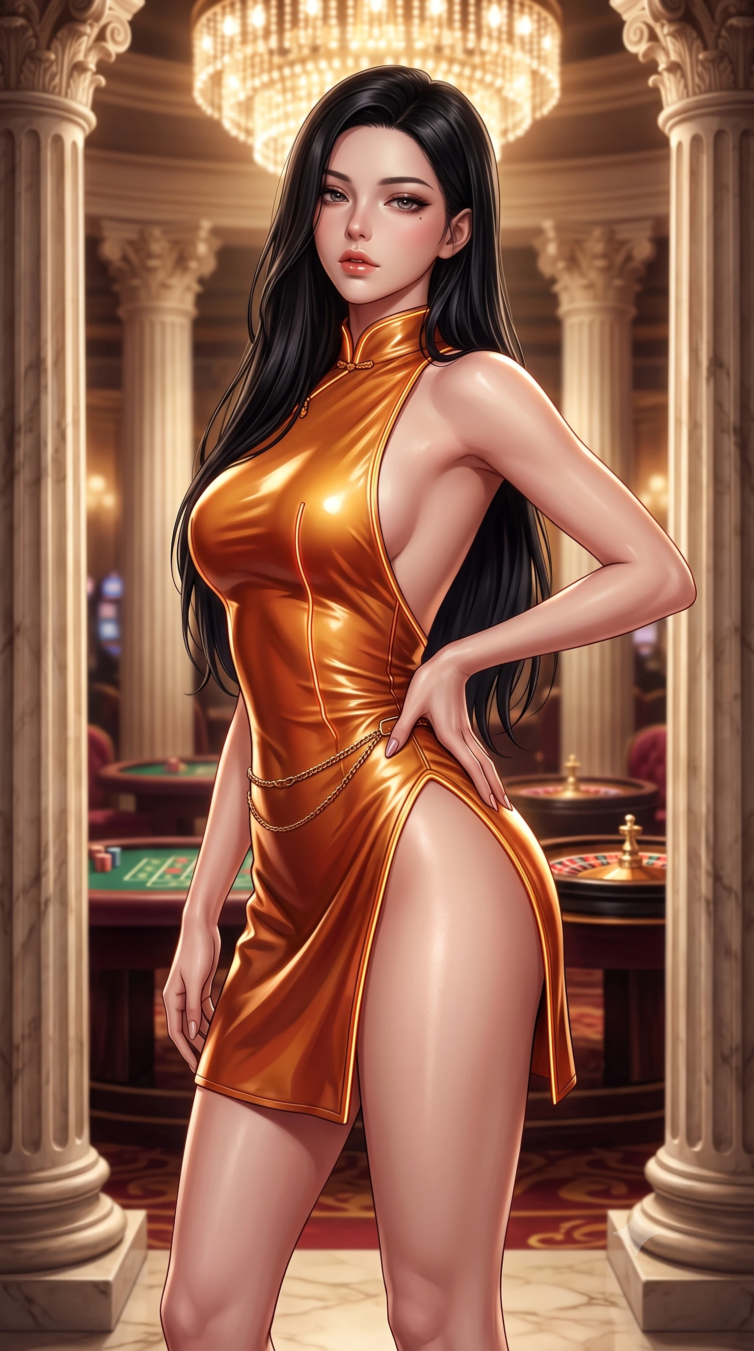 score_9, masterpiece, best quality, ultra-detailed, high-budget anime keyframe, semi-realistic 3D game render, editorial fashion photography, tasteful artistic composition, Korean woman. close-up cowboy shot from the waist and thighs up, the character dominates the composition, filling the frame with her large presence. resting one manicured hand delicately on her hip bone, her upper body turning in a fluid, seductive S-curve while parted lips glisten in the light while standing poised between towering marble Corinthian columns, twisting her slender torso in an alluring S-curve under cascading chandelier light. The composition keeps background elements in soft focus with creamy bokeh. distant velvet gaming tables and roulette wheels softened in glamorous high-roller shallow focus. She has an exceptionally elegant, slender, and willowy female figure with an ultra-slim waist, flat toned midriff, narrow ribcage, and sculpted feminine hips creating an alluring, slim hourglass silhouette without bulk. sharp v-shaped jawline, high-bridge nose, intricate jewel-like eyes with depth, thick eyelashes, glossy parted lips with a natural sheen, intensely captivating and seductive bedroom-eyes expression, flawlessly proportioned anatomical accuracy, strict slender model proportions, natural body alignment, perfectly sculpted long slender limbs, ultra-slim waistline, clean dynamic posture without body distortion. wearing a modernized cyber-qipao mini dress with an ultra-high side slit ascending to the hip and glowing piping in molten desert gold and burnt terracotta, formed from supple second-skin lambskin leather with specular sheen, accented with a delicate gold chain belt resting loosely on her curvy hips, the precision-cut side openings and low-back scoop framing her graceful spine and the sensual sweep of her slim, toned hips. illuminated by crisp directional spotlights sharply defining her sculpted collarbones, ultra-slim waist, and curvy hips. highly saturated vibrant anime colors, detailed shading with soft gradients, rich glossy textures, high-contrast stereoscopic depth, volumetric dynamic lighting, master piece, 9:16 ratio