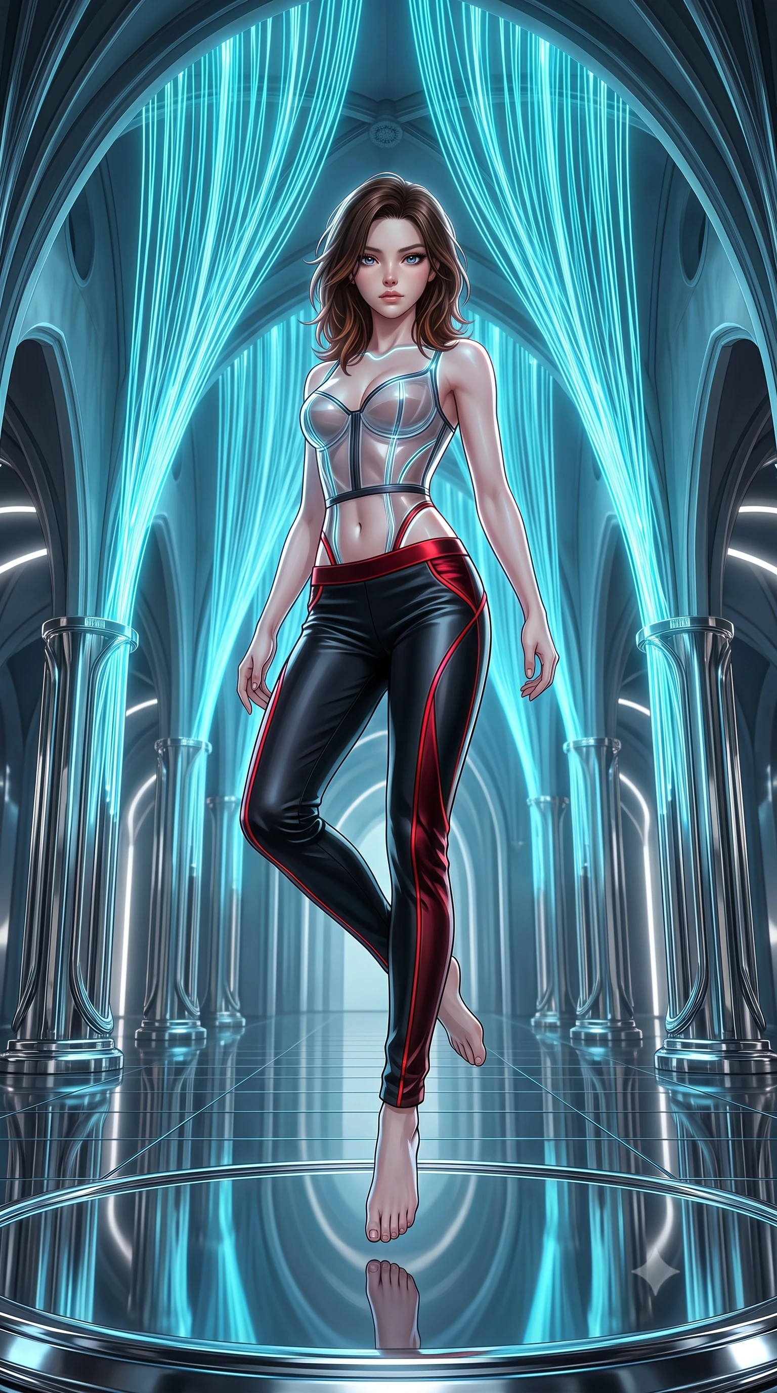 score_9, masterpiece, best quality, ultra-detailed, high-budget anime keyframe, editorial fashion photography, tasteful artistic composition, Korean woman. low angle full-body shot from head to toe showing her feet, filling the entire 9:16 vertical frame with her statuesque presence, stretching her vertical silhouette. performing an alluring mid-air vault with flawless poise, looking directly into the camera with regal, divine intensity while pivoting dynamically on a mirrored chrome dais beneath soaring arches as glowing cyan fiber-optic cables cascade from the vaulted ceiling. The surrounding environment is rendered in vivid detail and crisp panoramic clarity. intricate chrome pillar reflections, razor-sharp neon halo filaments, and polished mirror floor in deep focus. She has an absolutely perfect, statuesque 8.5-heads proportion, an exceptionally tall and slender model-like female figure with impossibly long slender legs, a toned flat midriff, and an ultra-slim waist. sharp v-shaped jawline, high-bridge nose, intricate jewel-like eyes with depth, thick eyelashes, glossy lips with a natural sheen, flawlessly proportioned anatomical accuracy, strict slender model proportions, natural body alignment, perfectly sculpted long slender limbs, ultra-slim waistline, clean dynamic posture without body distortion. wearing a structured translucent cyber-corset paired with tailored high-fashion satin trousers that sharply cinch her ultra-slim waist in high-gloss obsidian black and burning laser crimson accents, made of liquid jersey fabric that clings flawlessly to every contour of her build, accented with glowing fiber-optic seams tracing her collarbones and hip curves, the precision-cut daring openings accentuating her delicate midriff, graceful bare collarbones, and ultra-slim feminine waistline. illuminated by crisp white key light and sharp specular rim highlights tracing her slender curves. ultra-reflective glossy finish, specular highlights, dark metallic sheen, high-contrast stereoscopic depth, volumetric dynamic lighting, 2k, ultra detail, master piece, 9:16 ratio