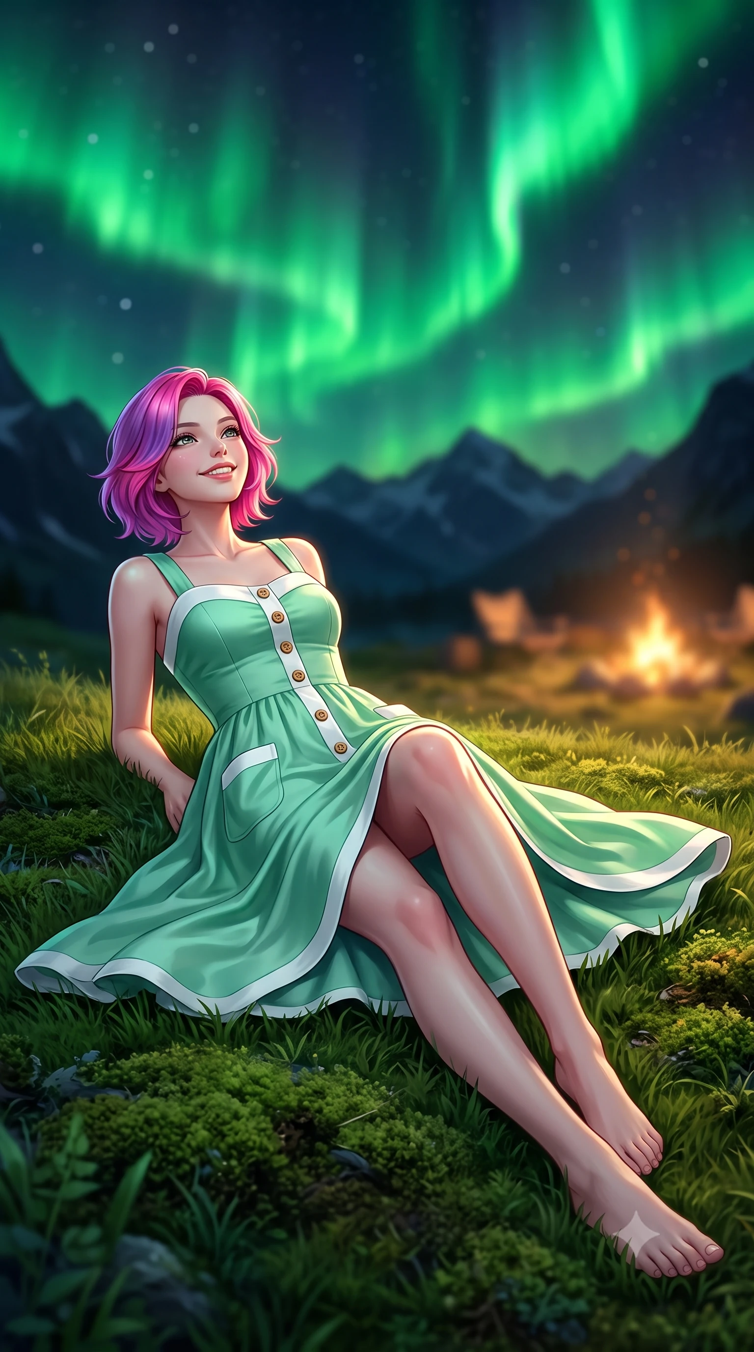 score_9, masterpiece, best quality, ultra-detailed, high-budget anime keyframe, semi-realistic 3D game render, editorial fashion photography, tasteful artistic composition, Caucasian woman. low angle full-body shot from head to toe showing her feet, filling the entire 9:16 vertical frame with her statuesque presence, stretching her vertical silhouette. walking forward in a cheerful, dynamic stride with a radiant beaming smile, her statuesque silhouette filling the frame while lying on the soft grass looking up at dancing emerald aurora borealis waves with a dreamy, affectionate smile. The composition keeps background elements in soft focus with creamy bokeh. dark mountain silhouettes and distant campsite campfires softened in smooth nocturnal depth of field. She has an absolutely perfect, statuesque 8.5-heads proportion, an exceptionally tall and slender model-like female figure with impossibly long slender legs, a toned flat midriff, and an ultra-slim waist. sharp v-shaped jawline, high-bridge nose, intricate jewel-like eyes with depth, thick eyelashes, glossy lips with a natural sheen, pure and lovely fresh girlhood expression, flawlessly proportioned anatomical accuracy, strict slender model proportions, natural body alignment, perfectly sculpted long slender limbs, ultra-slim waistline, clean dynamic posture without body distortion. wearing a vintage-inspired button-front cotton sundress with wide shoulder straps and side pockets in refreshing mint green and crisp sea-salt white, crafted from smooth fluid silk satin with a natural gentle sheen, finished with neat natural wooden buttons and patch pocket details, the breezy lightweight fabric fluttering softly against her delicate collarbones, narrow waist, and feminine curves. illuminated by soft celestial starlight and lantern rim light defining her slender, elegant silhouette. highly saturated vibrant anime colors, detailed shading with soft gradients, rich glossy textures, high-contrast stereoscopic depth, volumetric dynamic lighting, master piece, 9:16 ratio