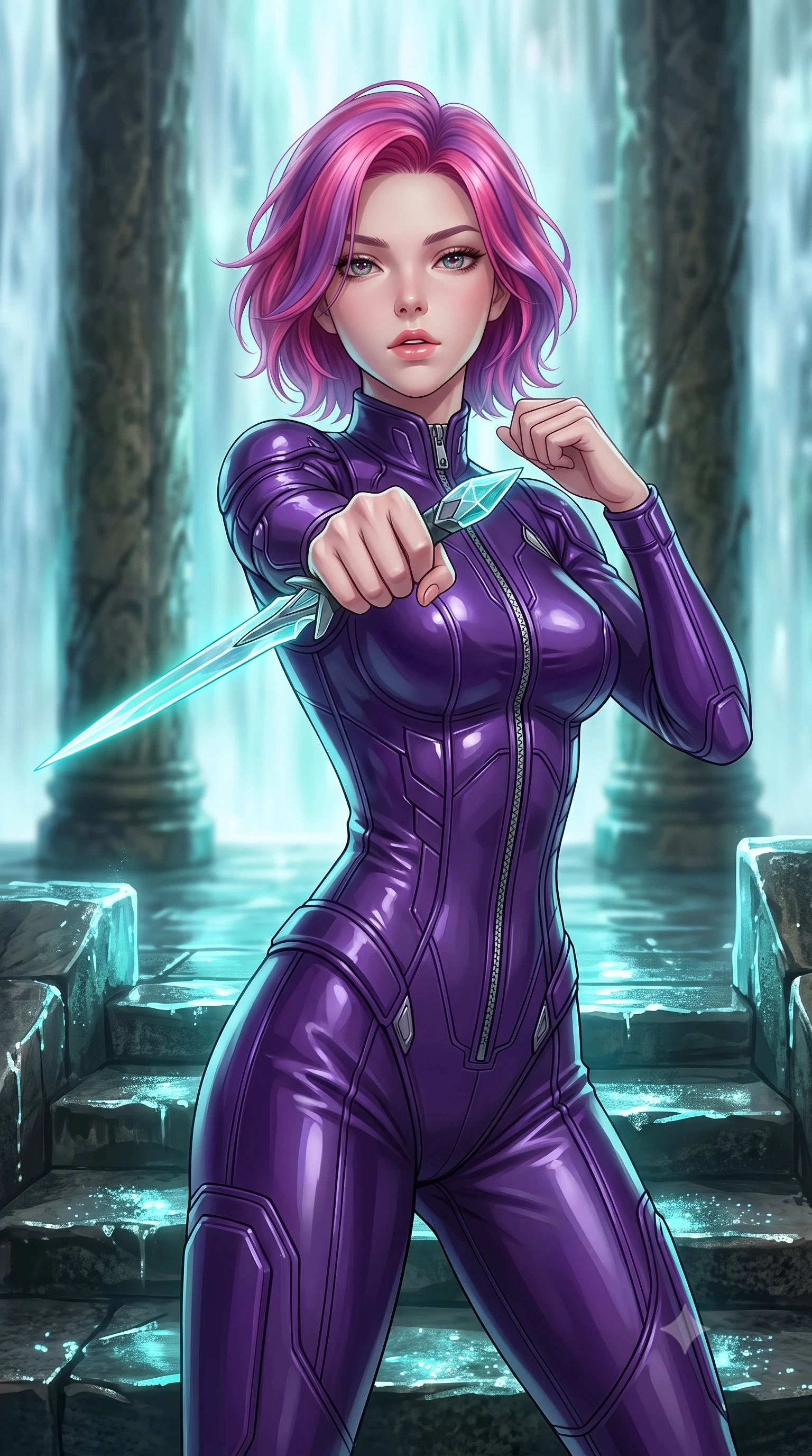 score_9, masterpiece, best quality, ultra-detailed, high-budget anime keyframe, editorial fashion photography, tasteful artistic composition, Caucasian woman. close-up cowboy shot from the waist and thighs up, the character dominates the composition, filling the frame with her large presence, background elements kept in soft focus. pointing a crystal-edged laser dagger forward in a defensive stance, tilting her chin up slightly with lips parted in a composed pose, the background shows a soft-focus a waterfall observation deck with basalt pillars and wet stone stairs. She has an exceptionally elegant, slender, and willowy female figure with an ultra-slim waist, a gracefully sculpted slender torso, and a refined silhouette. sharp v-shaped jawline, high-bridge nose, intricate jewel-like eyes with depth, thick eyelashes, glossy lips with a natural sheen. wearing a body-hugging form-contouring pilot flight suit in deep purple liquid vinyl, featuring a snug mock-neck and chrome zipper details. cool aqua light reflecting from the waterfall onto wet stone and her armor. highly saturated vibrant anime colors, detailed shading with soft gradients, rich glossy textures, high-contrast stereoscopic depth, volumetric dynamic lighting, master piece, 9:16 ratio