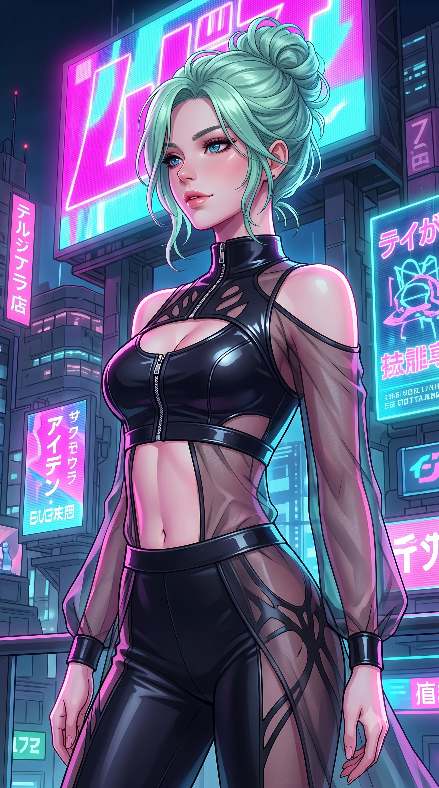 score_9, masterpiece, best quality, ultra-detailed, high-budget anime keyframe, editorial fashion photography, tasteful artistic composition, Japanese woman. close-up cowboy shot from the waist and thighs up, the character dominates the composition, filling the frame with her large presence, background elements kept in soft focus. Glancing sidelong over her shoulder with a smoldering half-smile and heavy lashes poised under a towering neon billboard emitting vibrant magenta and cyan light, dense holographic advertisements casting dynamic colorful shadows. She has an exceptionally elegant, slender, and willowy female figure with an ultra-slim waist, a gracefully sculpted slender torso, and a refined silhouette. sharp v-shaped jawline, high-bridge nose, intricate jewel-like eyes with depth, thick eyelashes, glossy lips with a natural sheen. wearing a glossy vinyl crop top and high-waist tailored leggings with sleek zippers in matte black and polished silver, woven from fine semi-opaque sheer organza, featuring clean architectural cutouts along her slender torso, the elegant draped fit framing her graceful clavicle and slender torso. surrounded by a high-energy futuristic nightlife atmosphere. highly saturated vibrant anime colors, detailed shading with soft gradients, rich glossy textures, high-contrast stereoscopic depth, volumetric dynamic lighting, master piece, 9:16 ratio