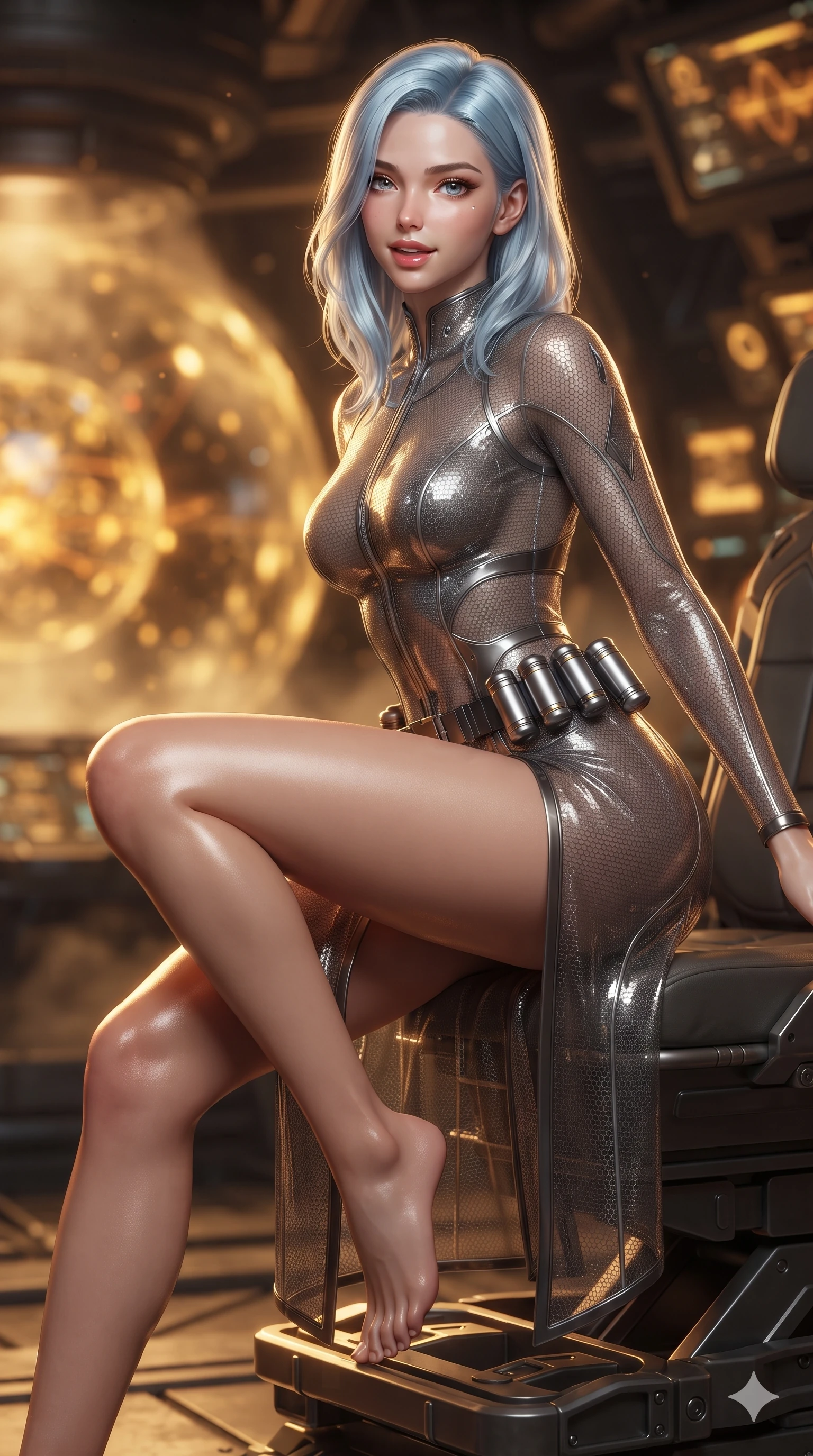 score_9, masterpiece, best quality, ultra-detailed, high-budget anime keyframe, editorial fashion photography, tasteful artistic composition, Korean woman. close-up cowboy shot from the waist and thighs up, the character dominates the composition, filling the frame with her large presence. perched sideways on the pilot seat, one knee drawn up to showcase her slender leg line while her arched back accentuates her feminine hip curve while perched gracefully on the reinforced equipment staging deck with legs crossed, flashing an enchanting smile with parted glossy lips. The background shows a soft-focus pulsing spherical plasma containment fields, drifting cooling mist, and glowing telemetry arrays blurred into fiery gold, amber, and obsidian bokeh. She has an exceptionally elegant, slender, and willowy female figure with an ultra-slim waist, flat toned midriff, narrow ribcage, and sculpted feminine hips creating an alluring, slim hourglass silhouette without bulk. sharp v-shaped jawline, high-bridge nose, intricate jewel-like sparkling eyes with depth, thick eyelashes, glossy parted lips with a natural sheen, bright confident smile with an enchanting and coquettish sensual glint, exuding both youthful magnetic charm and sovereign high-tech allure, flawlessly proportioned anatomical accuracy, strict slender model proportions, natural body alignment, perfectly sculpted long slender limbs, ultra-slim waistline, clean dynamic posture without body distortion. wearing a translucent high-gloss polymer flight suit with internal luminescent wire filigree and tailored waist cinching in metallic graphite and starlight platinum, made of delicate semi-sheer nanotech mesh with microscopic hexagonal weaves, accented with a sleek utility belt with polished magnetic canisters resting loosely on her curvy hips, the high-slit tactical tailoring accentuating her ultra-slim waistline and the enchanting curve of her feminine hips with alluring seductive charm. illuminated by reactor gantry reflection bounce and sharp golden-amber rim lights sculpting her razor-sharp jawline, narrow waist, and curvy hips. ultra-reflective glossy finish, specular highlights, rich textural contrasts, high-contrast stereoscopic depth, volumetric dynamic lighting, 2k, ultra detail, master piece, 9:16 ratio