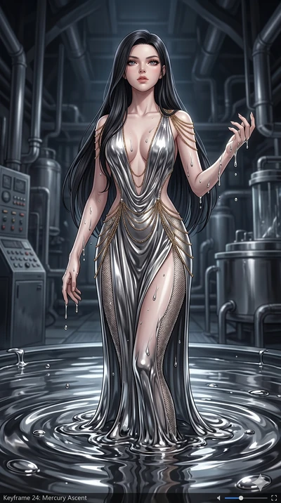 score_9, masterpiece, best quality, ultra-detailed, High-budget Anime Keyframe, East Asian woman. Dynamic full-body shot stretching the vertical silhouette to the limit. Scenario 24: Rising from a pool of mercury-like liquid, droplets rolling off her