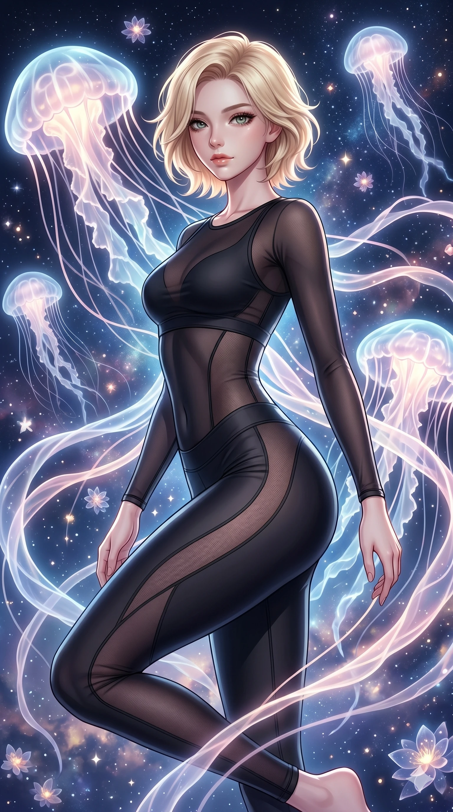 score_9, masterpiece, best quality, ultra-detailed, high-budget anime keyframe, Korean woman. upper body close-up from the thighs up, character filling the screen for maximum presence. swirling gracefully among the glowing ribbon-like tentacles of giant bioluminescent jellyfish floating in a starry sky garden. She has an absolutely perfect 8-heads proportion, an exceptionally tall and slender female figure with impossibly long slender legs and an ultra-slim waist. V-shaped jawline, high-bridge nose, intricate jewel-like eyes with depth, thick eyelashes, glossy lips with a natural sheen.. wearing a sheer mesh athleisure set, featuring a tight matte black top and leggings with semi-opaque mesh panels tracing the curves of her waist and thighs. lit by a soft glowing ambient light and a sharp side key light that traces the sleek contours of her athletic build. 2k, ultra detail, master piece, 9:16 ratio