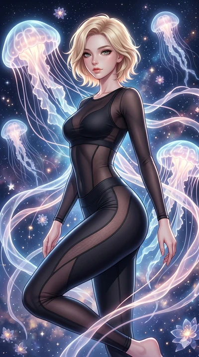 score_9, masterpiece, best quality, ultra-detailed, high-budget anime keyframe, Korean woman. upper body close-up from the thighs up, character filling the screen for maximum presence. swirling gracefully among the glowing ribbon-like tentacles of gi