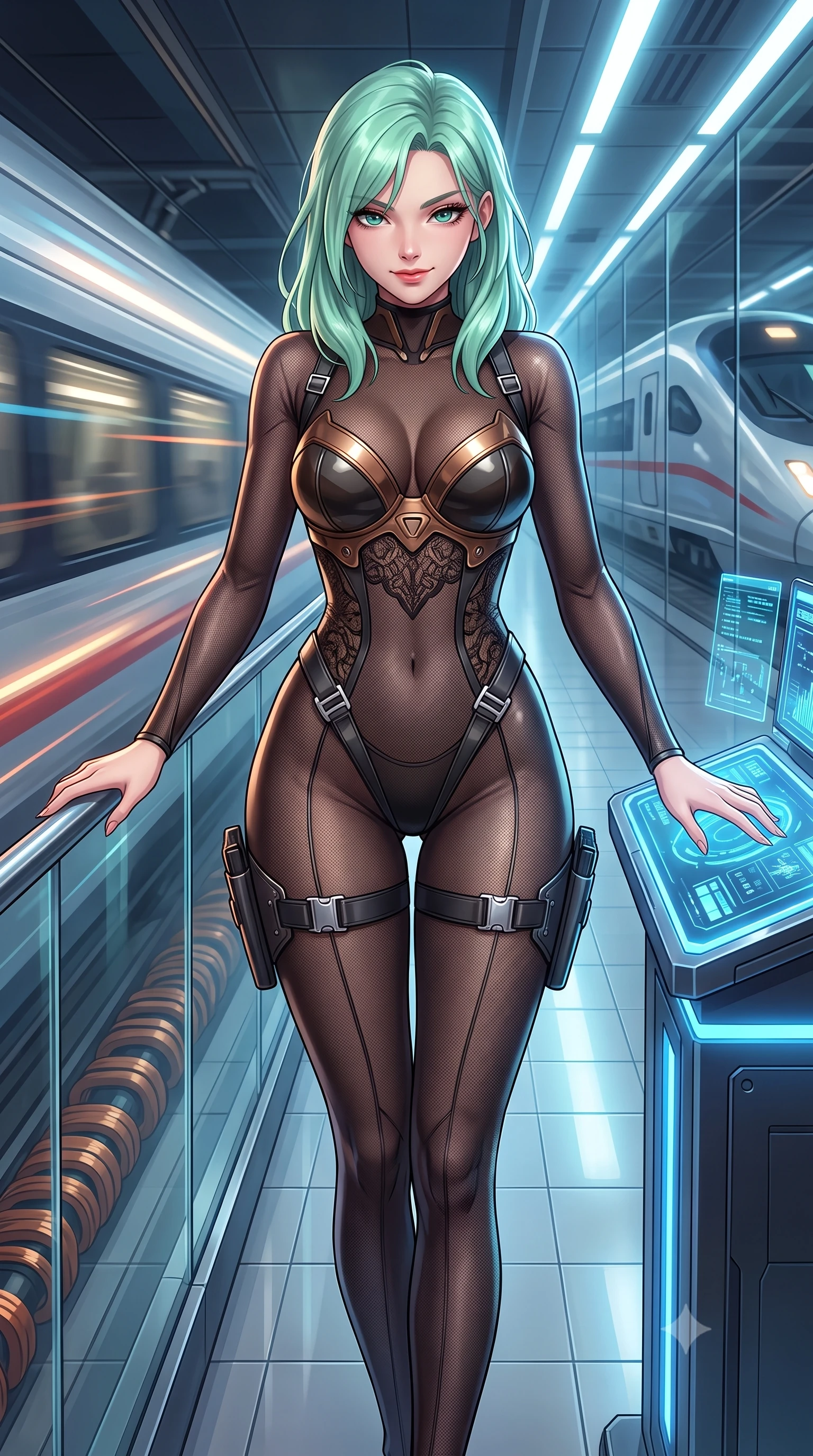 score_9, masterpiece, best quality, ultra-detailed, high-budget anime keyframe, semi-realistic 3D game render, editorial fashion photography, tasteful artistic composition, Japanese woman. close-up cowboy shot from the waist and thighs up, the character dominates the composition, filling the frame with her large presence. resting both hands lightly on the holoscreen pedestal while leaning toward the lens with a teasing smirk, her tight combat suit hugging her narrow waist and feminine hip curve while walking dynamically down the illuminated concourse with sovereign grace, her long slender legs and hourglass curves commanding the frame. The surrounding environment is rendered in vivid detail and crisp panoramic clarity: sharp magnetic track coil textures, glass concourse balustrade clarity, and train streamline reflections in deep focus. She has an exceptionally elegant, slender, and willowy female figure with an ultra-slim waist, flat toned midriff, narrow ribcage, and sculpted feminine hips creating an alluring, slim hourglass silhouette without bulk. sharp v-shaped jawline, high-bridge nose, intricate jewel-like sparkling eyes with depth, thick eyelashes, glossy parted lips with a natural sheen, bright confident smile with an enchanting and coquettish sensual glint, exuding both youthful magnetic charm and sovereign high-tech allure, flawlessly proportioned anatomical accuracy, strict slender model proportions, natural body alignment, perfectly sculpted long slender limbs, ultra-slim waistline, clean dynamic posture without body distortion. wearing a form-contouring semi-opaque dark mesh catsuit with carbon-plated cups and fine lace-pattern panels across her torso in burnished bronze alloy and smoked glass black, formed from supple thermal silicone composite adhering seamlessly like a second skin, finished with polished chrome buckle hardware and modular magnetic holster clasps, the aerodynamic second-skin silhouette tightly following the natural contour of her hips and long slender legs with youthful 8.5-heads elegance. illuminated by passing train light streaks and sharp platinum rim lights defining her sculpted collarbones, ultra-slim waist, and curvy hips. highly saturated vibrant anime colors, detailed shading with soft gradients, rich glossy textures, high-contrast stereoscopic depth, volumetric dynamic lighting, master piece, 9:16 ratio