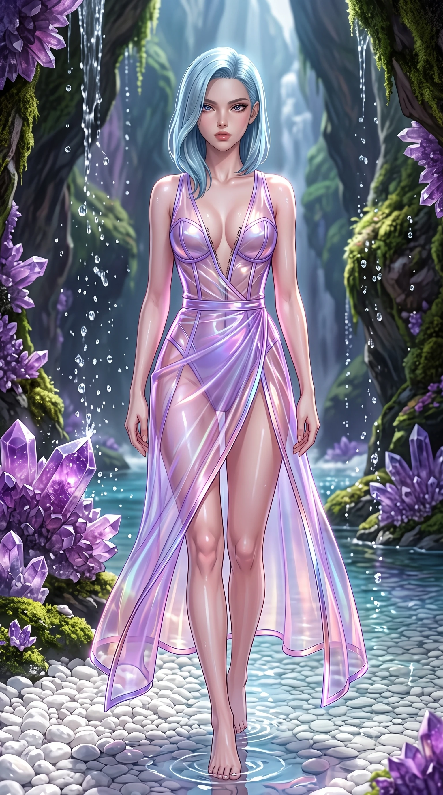 score_9, masterpiece, best quality, ultra-detailed, high-budget anime keyframe, semi-realistic 3D game render, editorial fashion photography, tasteful artistic composition, Korean woman. close-up cowboy shot from the waist and thighs up, the character dominates the composition, filling the frame with her large presence. gazing directly into the lens with bedroom eyes and a breathtaking, dangerous allure that commands the entire composition while stepping along a white pebble riverbank with an alluring, direct smolder looking into the camera lens. The surrounding environment is rendered in vivid detail and crisp panoramic clarity. intricate amethyst cluster formations, cascading water splash droplets, and lush canyon moss in high clarity. She has an exceptionally elegant, slender, and willowy female figure with an ultra-slim waist, a gracefully sculpted slender torso, toned flat midriff, and a refined slim silhouette. sharp v-shaped jawline, high-bridge nose, intricate jewel-like eyes with depth, thick eyelashes, glossy lips with a natural sheen, flawlessly proportioned anatomical accuracy, strict slender model proportions, natural body alignment, perfectly sculpted long slender limbs, ultra-slim waistline, clean dynamic posture without body distortion. wearing a translucent iridescent organza wrap dress with structured bustier boning, plunging neckline, and high-cut dual leg slits in luminous lavender violet and rose gold, formed from high-gloss patent material with specular light reflections, featuring a dangerously unzipped neckline framed by glowing cybernetic accents, the sleek second-skin cut tightly hugging her graceful clavicle, narrow waist, and feminine curves with athletic precision. illuminated by sparkling river water caustics and crisp white key lighting. highly saturated vibrant anime colors, detailed shading with soft gradients, rich glossy textures, high-contrast stereoscopic depth, volumetric dynamic lighting, master piece, 9:16 ratio