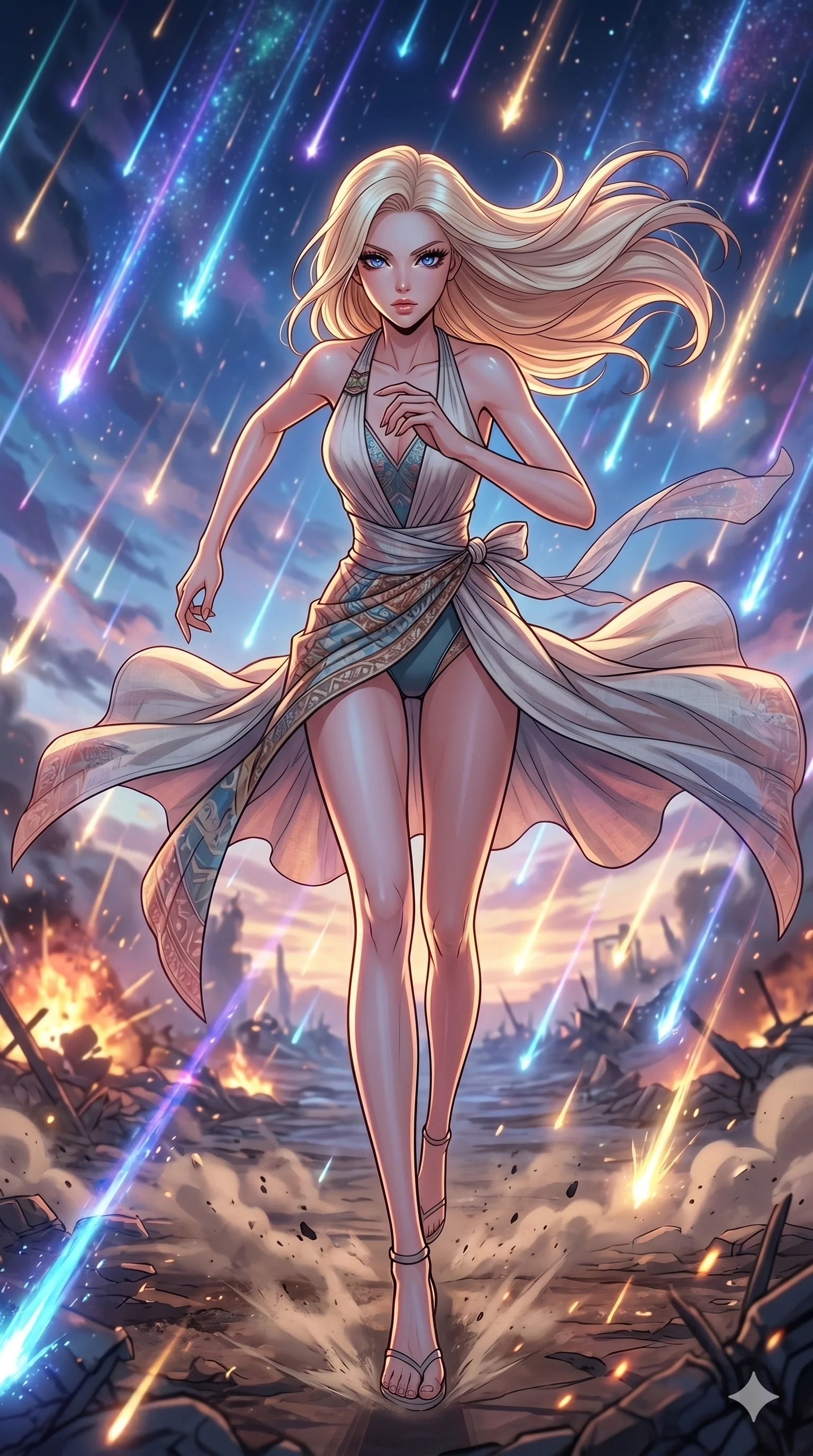 score_9, masterpiece, best quality, ultra-detailed, high-budget anime movie keyframe, cinematic anime lighting, intricate line art, Korean anime girl. Dynamic full-body shot stretching the vertical silhouette with extreme perspective. sprinting through a battlefield under a rain of falling stars. She has an absolutely perfect 8-heads proportion, an exceptionally tall and slender female figure with an ultra-slim waist and impossibly long slender legs. strictly human anatomy, two legs only, no extra limbs, clearly defined legs and arms, perfect anatomy, perfect hands and fingers. sharp v-shaped jawline, high-bridge nose, intricate jewel-like eyes, thick eyelashes, glossy lips. Wearing Seasonal/Resort: High-cut one-piece with sarong, linen sundress with tie-back, and sheer fabric wrap. The scene is illuminated by dramatic atmospheric lighting and vibrant color palettes. , 2k, ultra detail, master piece, 9:16 ratio