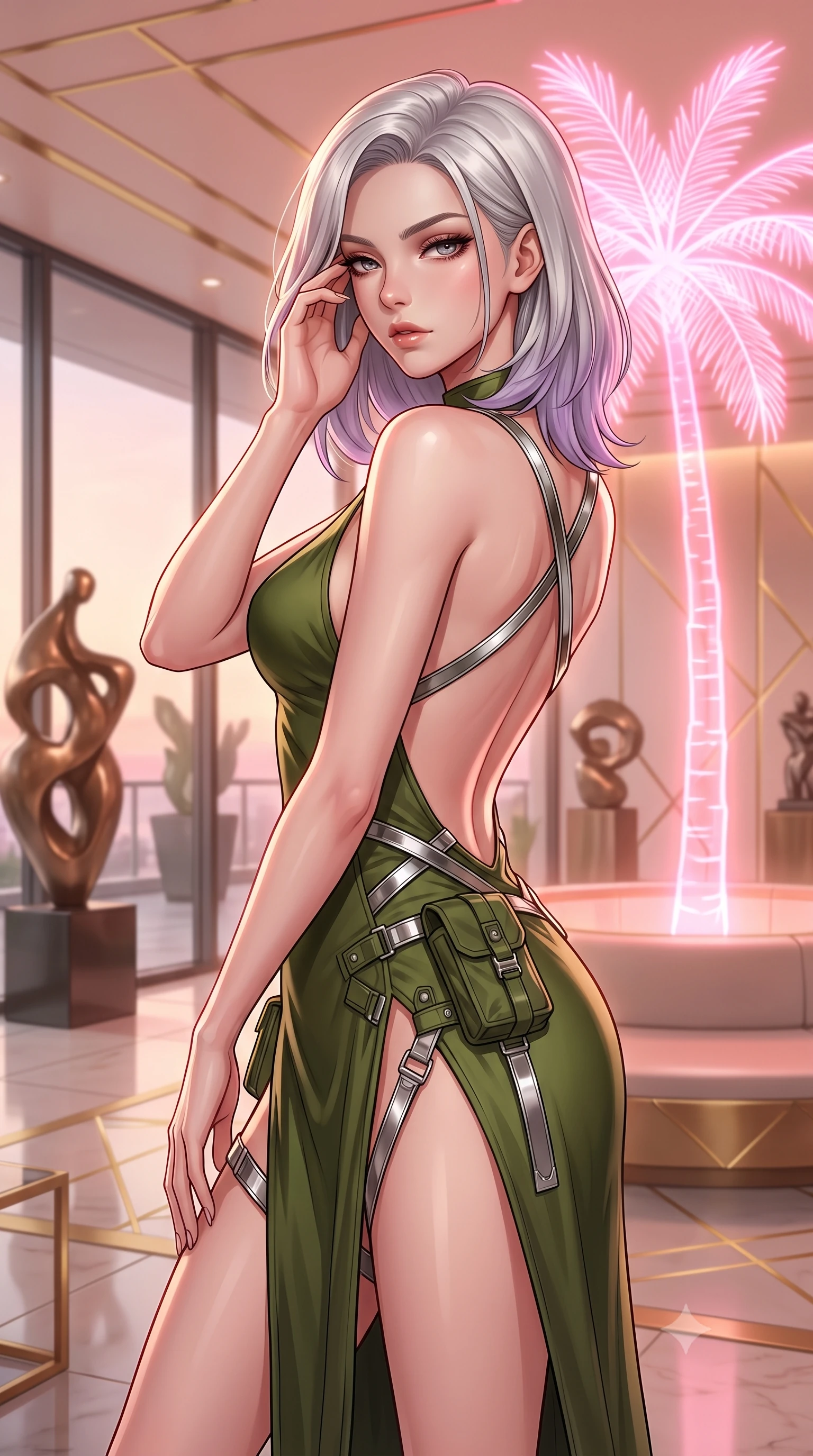 score_9, masterpiece, best quality, ultra-detailed, high-budget anime keyframe, editorial fashion photography, tasteful artistic composition, Caucasian woman. close-up cowboy shot from the waist and thighs up, the character dominates the composition, filling the frame with her large presence, background elements kept in soft focus. gently touching the side of her temple, casting a heavy-lidded, sultry look past the camera, the background shows a soft-focus a sculpture terrace lounge with floor-to-ceiling windows and gold details. She has an exceptionally elegant, slender, and willowy female figure with an ultra-slim waist, a gracefully sculpted slender torso, and a refined silhouette. sharp v-shaped jawline, high-bridge nose, intricate jewel-like eyes with depth, thick eyelashes, glossy lips with a natural sheen. wearing a form-contouring dramatic open-back maxi combat dress in olive green, featuring a high thigh slit and chrome straps. pink holographic palm trees casting a soft, warm glow over the lounge. highly saturated vibrant anime colors, detailed shading with soft gradients, rich glossy textures, high-contrast stereoscopic depth, volumetric dynamic lighting, master piece, 9:16 ratio