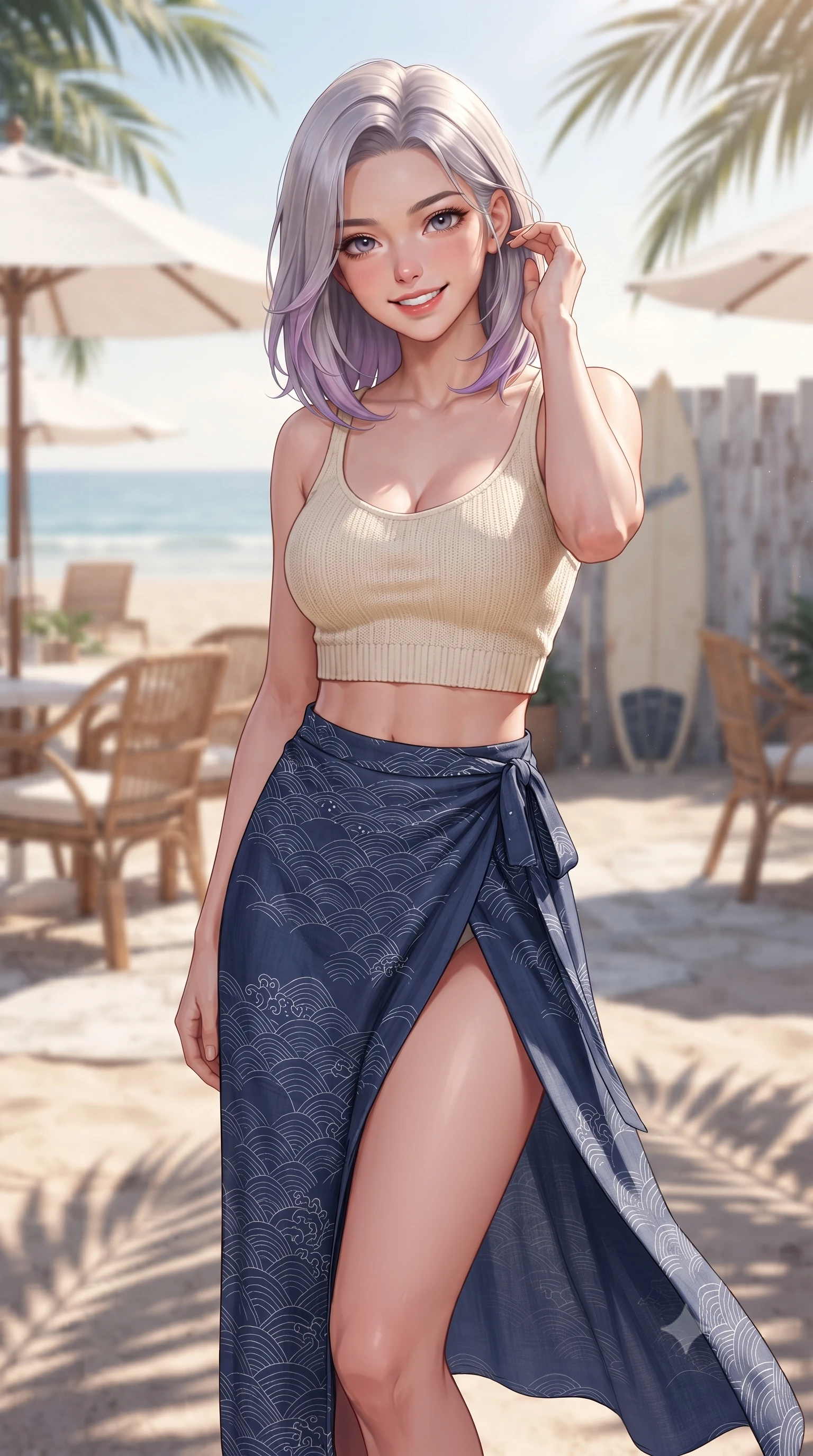 score_9, masterpiece, best quality, ultra-detailed, high-budget anime keyframe, editorial fashion photography, tasteful artistic composition, Caucasian woman. close-up cowboy shot from the waist and thighs up, the character dominates the composition, filling the frame with her large presence, background elements kept in soft focus. smiling with cute and bright self-assurance, looking directly at the viewer set against a soft-focus background of on a sunny beach patio with rattan chairs and white umbrellas with a surfboard resting against a wooden fence in soft focus behind her. She has an exceptionally elegant, slender, and willowy female figure with an ultra-slim waist, a gracefully sculpted slender torso, and a refined silhouette. sharp v-shaped jawline, high-bridge nose, intricate jewel-like eyes with depth, thick eyelashes, glossy lips with a natural sheen. wearing body-hugging stylish crop top paired with a high-slit linen wrap skirt. soft late afternoon sunbeams casting long shadows of palm leaves on the sand. highly saturated vibrant anime colors, detailed shading with soft gradients, rich glossy textures, high-contrast stereoscopic depth, volumetric dynamic lighting, master piece, 9:16 ratio