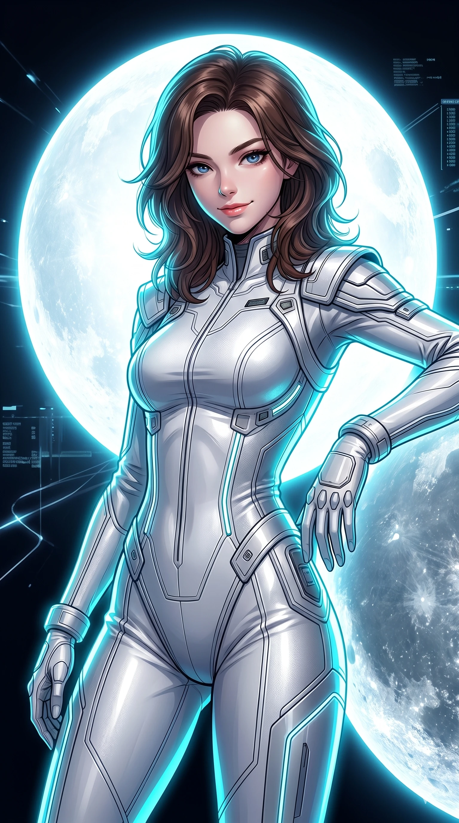 score_9, masterpiece, best quality, ultra-detailed, high-budget anime keyframe, Korean woman. Upper body close-up from the thighs up, character filling the screen for maximum presence. Inside a digital void, next to a giant glowing sphere, leaning against the sphere, looking towards the camera with a confident grin. She is wearing a sleek white and silver jumpsuit with structured shoulder panels. The scene is drenched in the bright white glow of the sphere and a sharp cyan rim light. 2k, ultra detail, master piece, 9:16 ratio