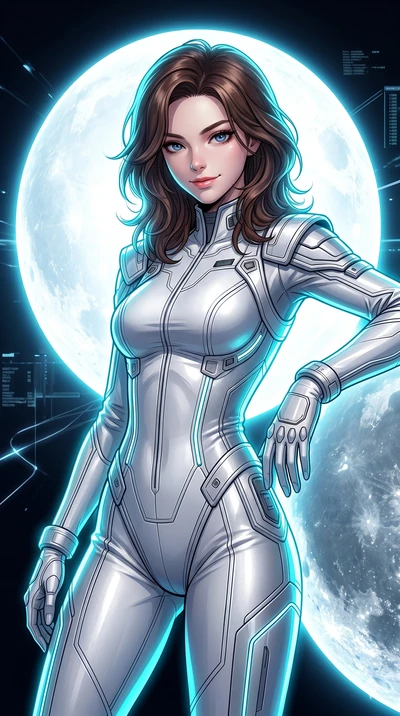score_9, masterpiece, best quality, ultra-detailed, high-budget anime keyframe, Korean woman. Upper body close-up from the thighs up, character filling the screen for maximum presence. Inside a digital void, next to a giant glowing sphere, leaning ag