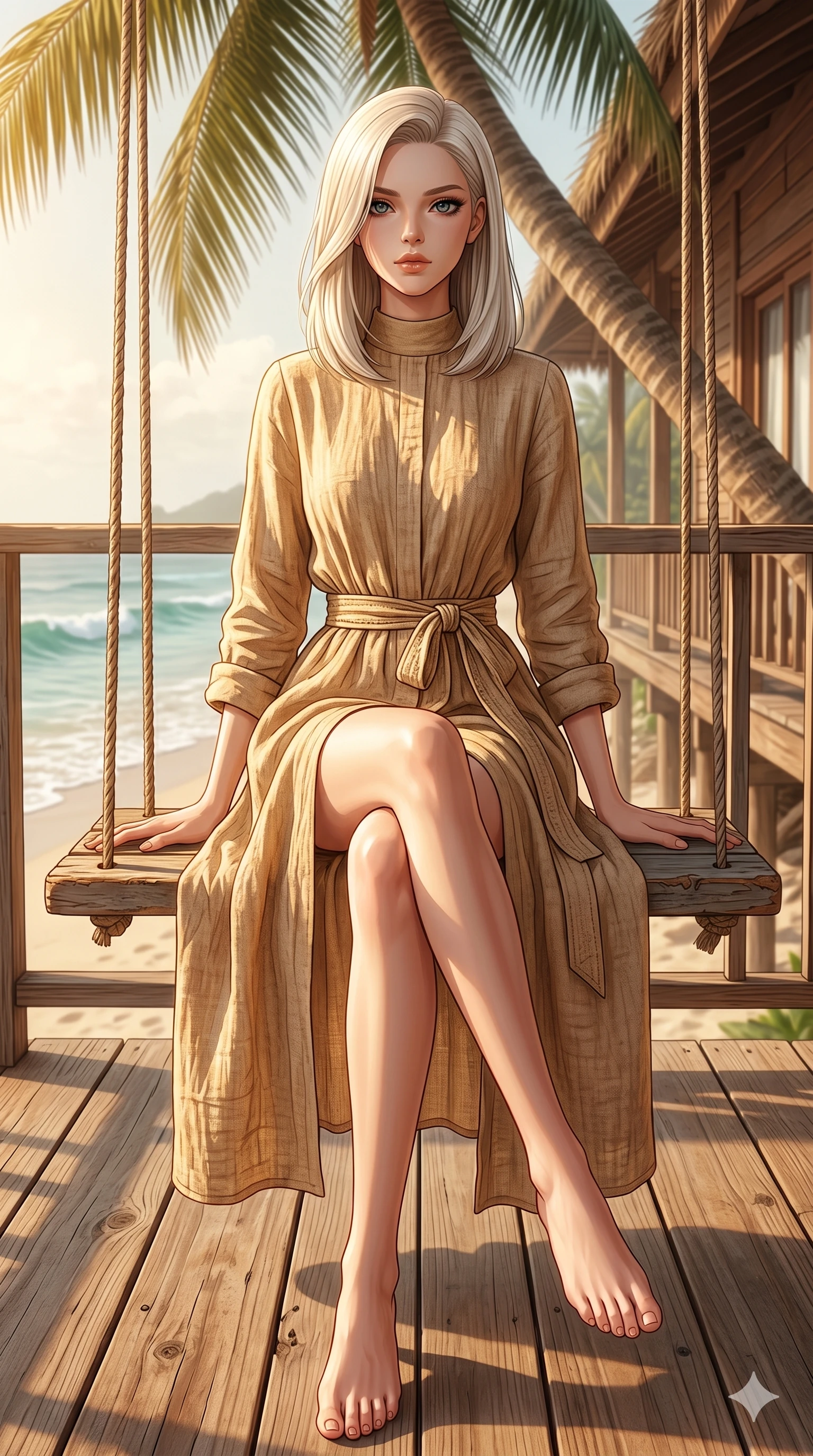 score_9, masterpiece, best quality, ultra-detailed, high-budget anime keyframe, editorial fashion photography, tasteful artistic composition, Caucasian woman, strictly human ears. low angle full-body shot from head to toe showing her feet, filling the entire 9:16 vertical frame with her statuesque presence, stretching her vertical silhouette. sitting on a wooden swing under a palm tree, looking directly at the camera with a composed, magnetic gaze on a private balcony of a beachside bungalow with the sound of gentle waves (Code-P19-014). She has an absolutely perfect 8-heads proportion, an exceptionally tall and slender female figure with impossibly long slender legs and an ultra-slim waist. V-shaped jawline, high-bridge nose, intricate jewel-like eyes with depth, thick eyelashes, glossy lips with a natural sheen. wearing a high-neck linen sundress with long sleeves and a matching tie belt in warm sand color. drenched in warm, direct sunlight on the yacht deck, highlighting her statuesque height and slim waist. 2k, ultra detail, master piece, 9:16 ratio