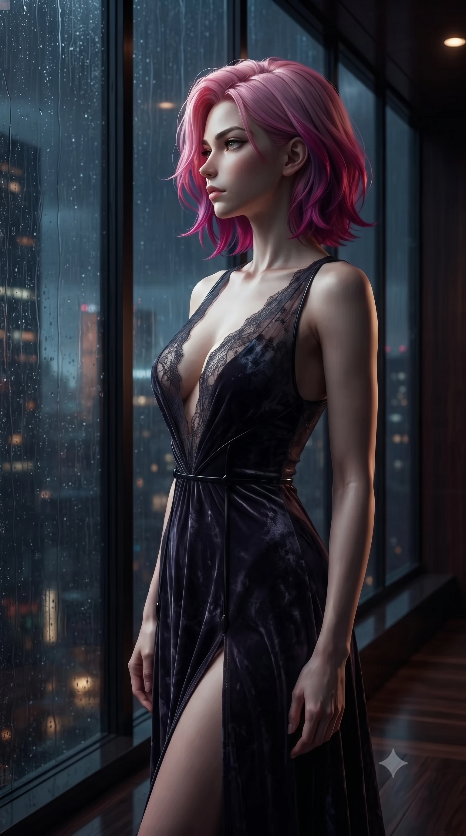 score_9, masterpiece, best quality, ultra-detailed, high-budget anime keyframe, editorial fashion photography, tasteful artistic composition, Caucasian woman. close-up cowboy shot from the waist and thighs up, the character dominates the composition, filling the frame with her large presence, background elements kept in soft focus. Turning her face in sharp dramatic profile against the moody key light, standing beside a floor-to-ceiling dark glass window looking over a rain-soaked metropolis at 3 AM, rain streak reflections dancing on dark mahogany and glass surfaces. She has an exceptionally elegant, slender, and willowy female figure with an ultra-slim waist, a gracefully sculpted slender torso, and a refined silhouette. sharp v-shaped jawline, high-bridge nose, intricate jewel-like eyes with depth, thick eyelashes, glossy lips with a natural sheen. wearing gothic nebula sheer dark lace gown with plunging neckline in dark mahogany, made of crushed dark silk velvet, adorned with minimalist black onyx hardware framing the silhouette, contouring every curve with an exceptionally elegant silhouette. surrounded by a moody nocturnal ambiance with subtle warm rim highlights. highly saturated vibrant anime colors, detailed shading with soft gradients, rich glossy textures, high-contrast stereoscopic depth, volumetric dynamic lighting, master piece, 9:16 ratio