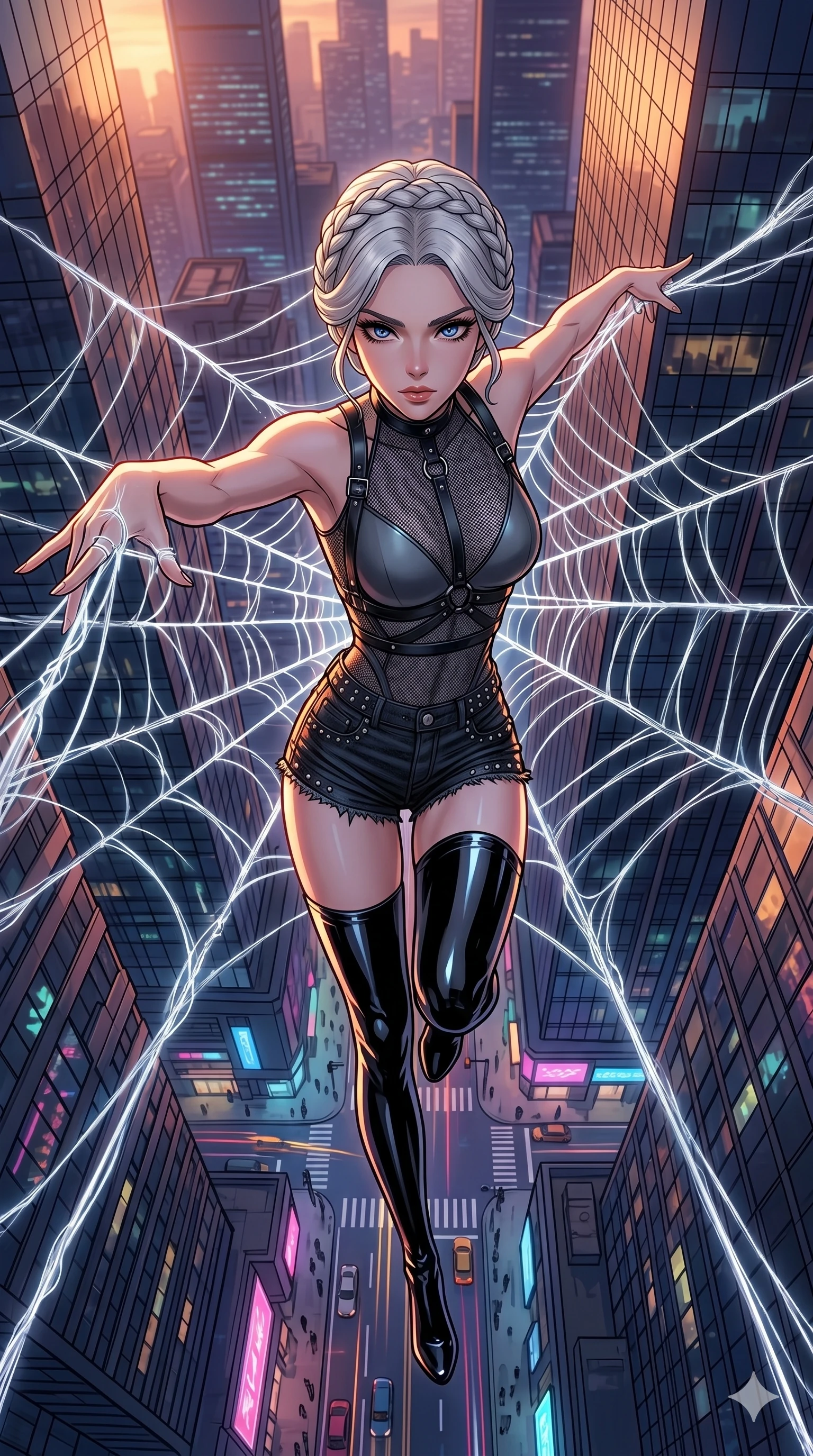 score_9, masterpiece, best quality, ultra-detailed, high-budget anime movie keyframe, cinematic anime lighting, intricate line art, Caucasian (strictly human ears) woman. Extreme high angle shot as she leaps towards the camera, filling the frame. weaving a web of silver threads between two skyscrapers. She has an absolutely perfect 8-heads proportion, an exceptionally tall and slender female figure with graceful and slender proportions. strictly human anatomy, two legs only, no extra limbs, clearly defined legs and arms, perfect anatomy, perfect hands and fingers. sharp v-shaped jawline, high-bridge nose, intricate jewel-like eyes, thick eyelashes, glossy lips. Wearing Dynamic performance outfit: Leather harness over mesh, sleek bodysuit, studded stylish shorts, and thigh-high patent boots. The scene is illuminated by dramatic atmospheric lighting and vibrant color palettes. , 2k, ultra detail, master piece, 9:16 ratio