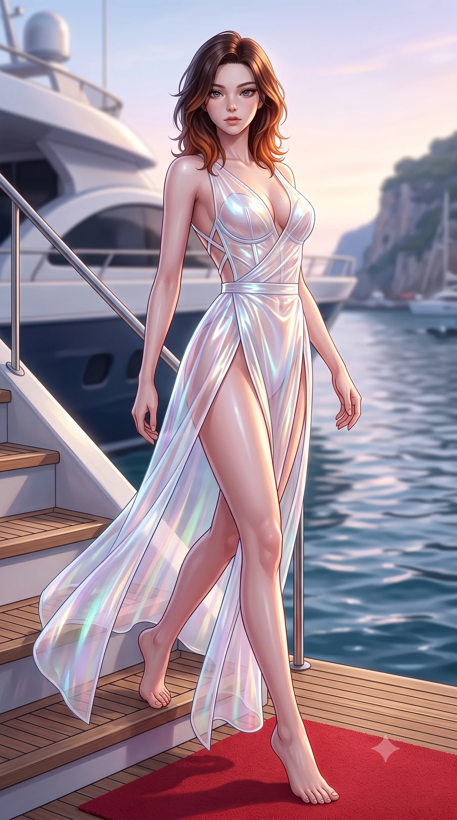 score_9, masterpiece, best quality, ultra-detailed, high-budget anime keyframe, semi-realistic 3D game render, editorial fashion photography, tasteful artistic composition, Korean woman. low angle full-body shot from head to toe showing her feet, filling the entire 9:16 vertical frame with her statuesque presence, stretching her vertical silhouette. arching her back in a fluid zero-gravity turn with sovereign grace, her long slender legs and sculpted torso creating a sweeping line while stepping gracefully down the teak yacht stairway onto a red carpet runway under glowing twilight skies. The composition keeps background elements in soft focus with creamy bokeh. harbor water ripples and distant coastal cliffs softened in luminous shallow depth of field. She has an absolutely perfect, statuesque 8.5-heads proportion, an exceptionally tall and slender model-like female figure with impossibly long slender legs, a toned flat midriff, and an ultra-slim waist. sharp v-shaped jawline, high-bridge nose, intricate jewel-like eyes with depth, thick eyelashes, glossy lips with a natural sheen, flawlessly proportioned anatomical accuracy, strict slender model proportions, natural body alignment, perfectly sculpted long slender limbs, ultra-slim waistline, clean dynamic posture without body distortion. wearing a translucent iridescent organza wrap dress with structured bustier boning, plunging neckline, and high-cut dual leg slits in glistening liquid pearl white with rainbow opalescence, formed from high-gloss patent material with specular light reflections, complemented by criss-cross back straps highlighting her completely bare spine, the form-contouring material adhering flawlessly to her sculpted flat midriff and slender torso, emphasizing her long leg lines and perfectly proportioned willowy build. surrounded by an ultra-exclusive, opulent, and fiercely captivating Riviera supermodel aura. highly saturated vibrant anime colors, detailed shading with soft gradients, rich glossy textures, high-contrast stereoscopic depth, volumetric dynamic lighting, master piece, 9:16 ratio