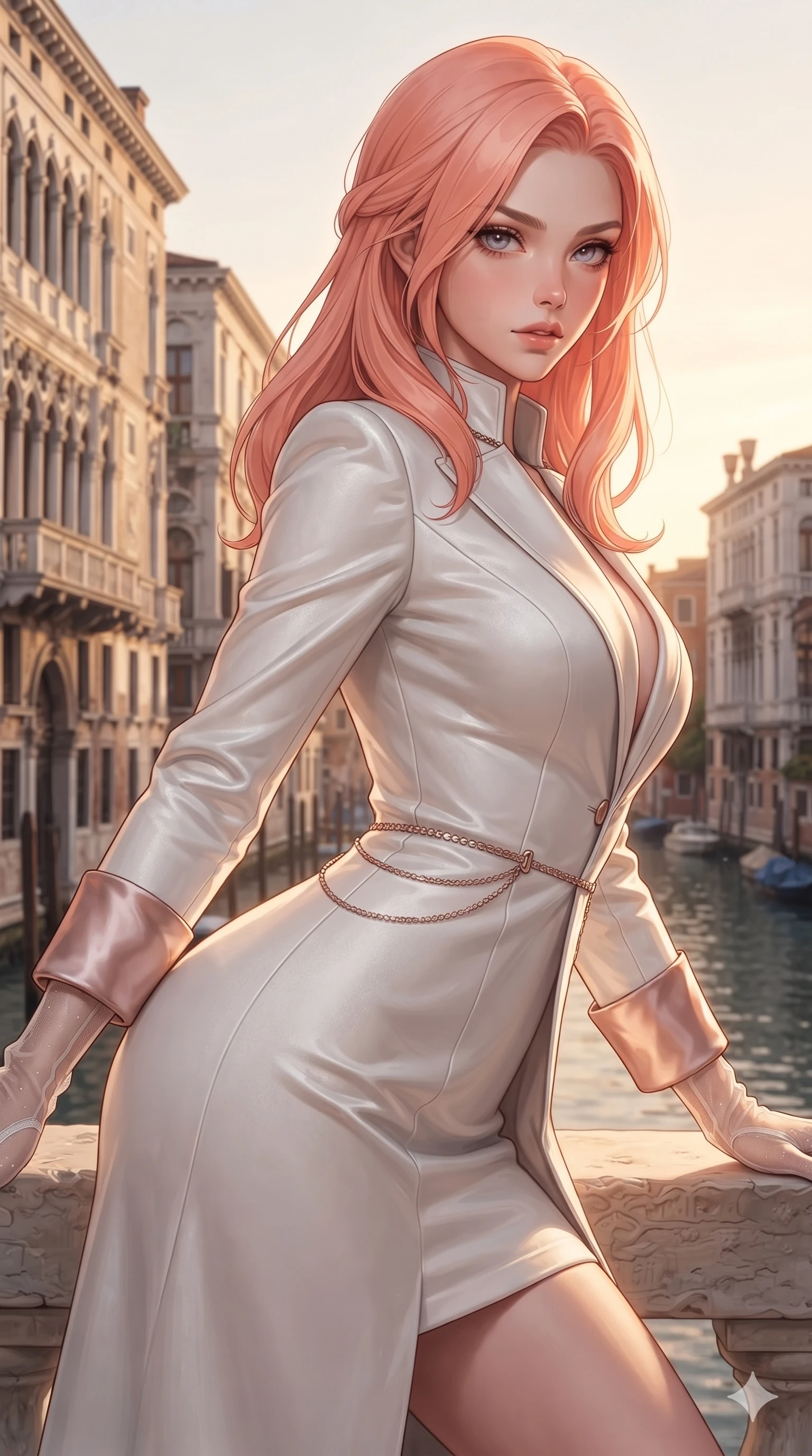 score_9, masterpiece, best quality, ultra-detailed, high-budget anime keyframe, editorial fashion photography, tasteful artistic composition, Japanese woman. close-up cowboy shot from the waist and thighs up, the character dominates the composition, filling the frame with her large presence. leaning forward while arching her lower back to accentuate her curvy hips, looking into the camera with an intoxicating smoldering gaze and bedroom-eyes while twisting her slender torso in an alluring S-curve, golden dawn light and deep canal shadows painting sharp highlights across her narrow waist and curvy hips. The surrounding environment is rendered in vivid detail and crisp panoramic clarity: detailed liquid-satin evening dress tailoring, delicate chain belts, and historic maritime architecture in high resolution. She has an exceptionally elegant, slender, and willowy female figure with an ultra-slim waist, flat toned midriff, narrow ribcage, and sculpted feminine hips creating an alluring, slim hourglass silhouette without bulk. sharp v-shaped jawline, high-bridge nose, intricate jewel-like sparkling eyes with depth, thick eyelashes, glossy parted lips with a natural sheen, intensely captivating and seductive bedroom-eyes expression, exuding both youthful cute charm and sovereign luxury allure, flawlessly proportioned anatomical accuracy, strict slender model proportions, natural body alignment, perfectly sculpted long slender limbs, ultra-slim waistline, clean dynamic posture without body distortion. wearing a tailored high-collar velvet evening coat dress with structural waist cinching and satin cuff accents in celestial porcelain white and rose-gold, tailored from heavy double-faced silk georgette with an exceptionally fluid drape, complemented by sheer opera-length evening gloves tracing her slender arms, the bespoke structured tailoring following the natural line of her 8.5-heads silhouette with refined elegance. bathed in the warm radiant 2600K horizontal rays of the rising Adriatic sun casting dramatic elongated shadows. ultra-reflective glossy finish, specular highlights, rich textural contrasts, high-contrast stereoscopic depth, volumetric dynamic lighting, 2k, ultra detail, master piece, 9:16 ratio