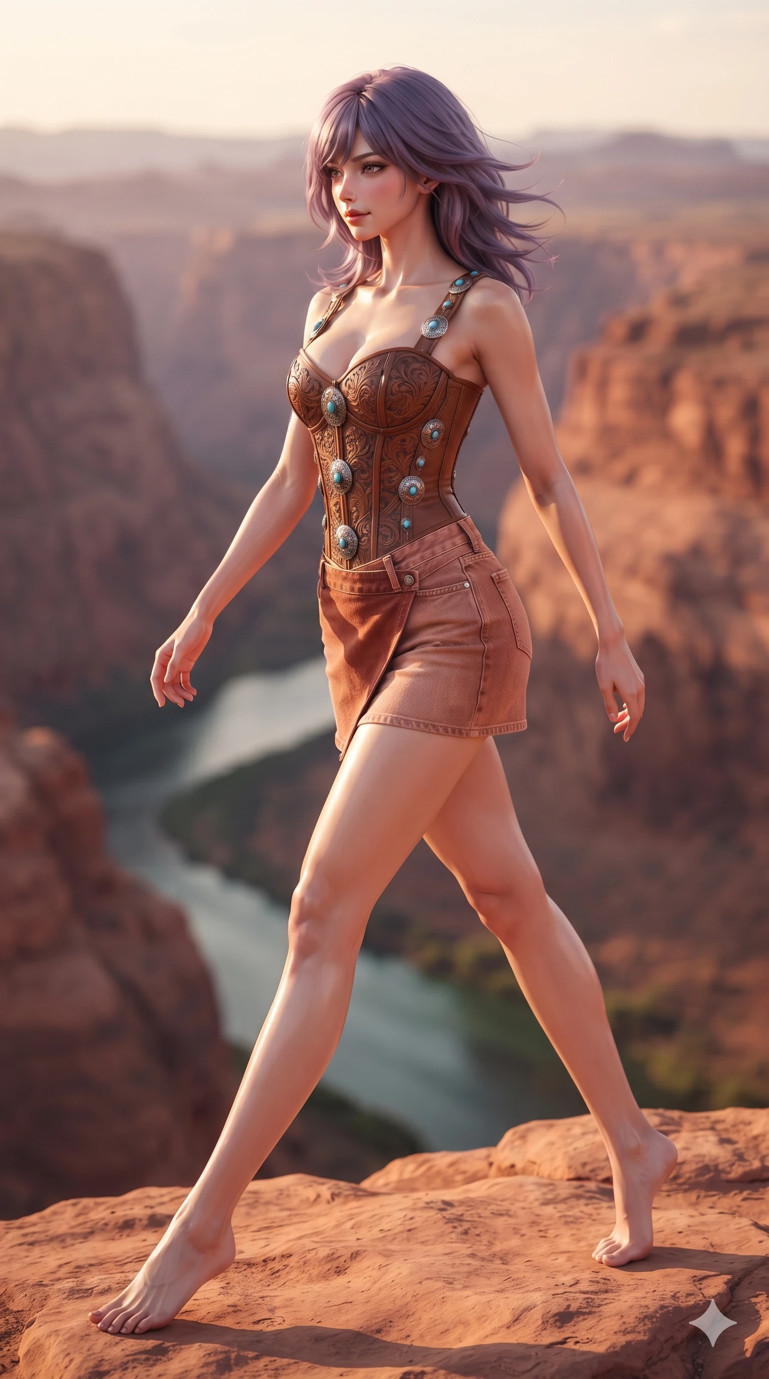 score_9, masterpiece, best quality, ultra-detailed, high-budget anime keyframe, editorial fashion photography, tasteful artistic composition, Japanese woman. low angle full-body shot from head to toe showing her feet, filling the entire 9:16 vertical frame with her statuesque presence, stretching her vertical silhouette. stepping forward in a confident stride, her long slender legs and curvaceous hips creating a dynamic, sweeping vertical line while leaning forward over the canyon precipice with hips cocked back, gazing into the vast red rock gorges with smoldering bedroom-eyes as desert winds whip through her hair. The background shows a soft-focus distant canyon horizons, snaking emerald river miles below, and layered red rock plateaus blurred into terracotta, ochre, and haze-purple bokeh. She has an absolutely perfect, statuesque 8.5-heads proportion, an exceptionally tall and slender model-like female figure with impossibly long slender legs, an ultra-slim waist, a flat toned midriff, narrow delicate ribcage, and beautifully sculpted feminine hips creating a graceful, slim hourglass silhouette without any bulky heaviness. sharp v-shaped jawline, high-bridge nose, sparkling eyes with hypnotic seductive depth, thick curled eyelashes, glossy parted lips with a natural dewy peach sheen, alluring bedroom-eyes with an enchanting coquettish smile, exuding magnetic siren charisma and sophisticated glamour, flawlessly proportioned anatomical accuracy, strict slender model proportions, natural body alignment, perfectly sculpted long slender limbs, ultra-slim waistline, clean dynamic posture without body distortion. wearing a structured boned leatherette corset bodice with western floral tooling paired with a micro-wrap denim skirt in sun-kissed terracotta and dusty canyon rose, woven from bespoke sun-bleached selvedge denim with rich tactile slub texture, accented with authentic engraved silver concho medallions and turquoise cabochons, the form-contouring cut accentuating her sculpted flat midriff, narrow delicate ribcage, and gracefully curvy hips with intoxicating allure. bathed in dramatic golden hour rays cutting horizontally through canyon crevices with rich warm amber washes. ultra-reflective glossy finish, specular highlights, rich textural contrasts, high-contrast stereoscopic depth, volumetric dynamic lighting, 2k, ultra detail, master piece, 9:16 ratio