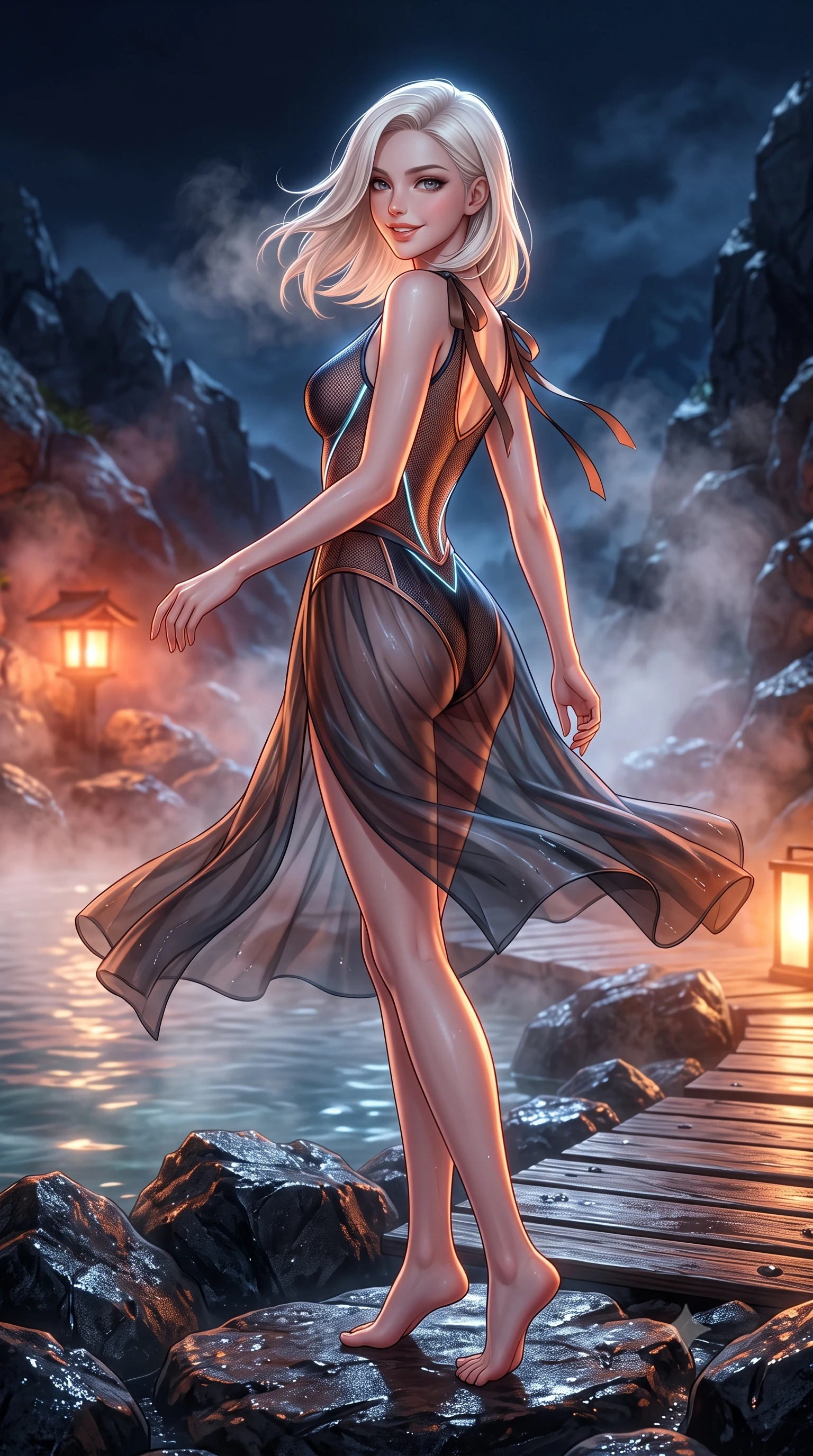 score_9, masterpiece, best quality, ultra-detailed, high-budget anime keyframe, semi-realistic 3D game render, editorial fashion photography, tasteful artistic composition, Caucasian woman. low angle full-body shot from head to toe showing her feet, filling the entire 9:16 vertical frame with her statuesque presence, stretching her vertical silhouette. executing a slow, graceful pivot turn as her skirt sways around her slender legs, glancing back with an enchanting, teasing sensual expression while standing poised on the wet volcanic basalt rocks beside the natural steaming hot spring river, arching her lower back with wet-look siren grace as nocturnal mountain mist swirls. The surrounding environment is rendered in vivid detail and crisp panoramic clarity: sharp wet volcanic basalt boulders, weathered cedar plank grain, and water droplet condensation beads in deep focus. She has an exceptionally tall and slender model-like 8.5-heads proportion, an ultra-slim waist, a flat toned midriff, narrow delicate ribcage, and beautifully sculpted feminine hips creating a graceful, slim hourglass silhouette without any bulky heaviness, with impossibly long slender legs. sharp v-shaped jawline, high-bridge nose, intricate jewel-like sparkling eyes with depth, thick eyelashes, glossy parted lips with a natural peach sheen, bright cheerful beaming smile with an enchanting and coquettish sensual glint, exuding both youthful cute charm and seductive allure, flawlessly proportioned anatomical accuracy, strict slender model proportions, natural body alignment, perfectly sculpted long slender limbs, ultra-slim waistline, clean dynamic posture without body distortion. wearing a provocative cyber-mesh sheer bodysuit with luminescent holographic fiber piping contouring her hourglass frame in Lofoten midnight obsidian and warm hearth copper, woven from fine semi-opaque stretch illusion mesh tracing her slender contours, finished with satin ribbon ties at the shoulders fluttering in the gentle breeze, the liquid-tight tailored fabric clinging flawlessly to her narrow waist and rounded feminine hips, emphasizing every millimeter of her sculpted slim hourglass curves without any bulky heaviness. bathed in the romantic vermilion-and-gold 2300K lantern glows contrasted with cool deep-blue mountain mist. highly saturated vibrant anime colors, detailed shading with soft gradients, rich glossy textures, high-contrast stereoscopic depth, volumetric dynamic lighting, master piece, 9:16 ratio