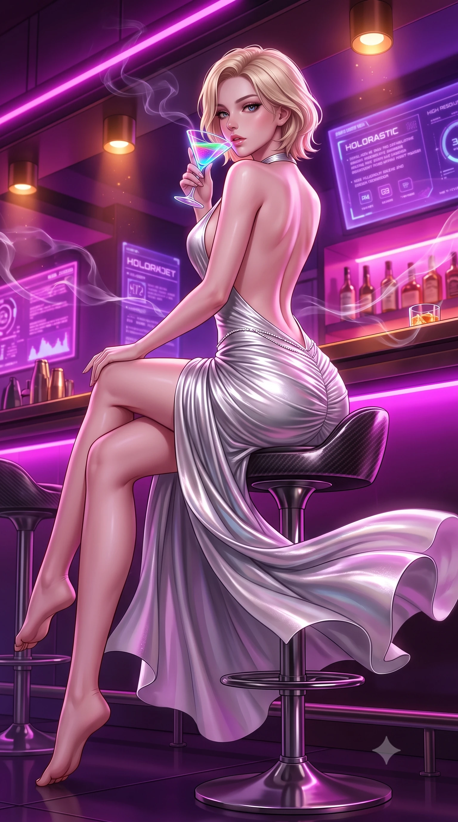 score_9, masterpiece, best quality, ultra-detailed, high-budget anime keyframe, semi-realistic 3D game render, editorial fashion photography, tasteful artistic composition, Caucasian woman. low angle full-body shot from head to toe showing her feet, filling the entire 9:16 vertical frame with her statuesque presence, stretching her vertical silhouette. executing an elegant mid-motion pivot turn as garments swirl around her slender limbs, glancing over her shoulder with an intoxicating bedroom-gaze while sitting high on a polished carbon barstool with legs crossed, arching her lower back while holding a glowing neon cocktail to her parted glossy lips. The surrounding environment is rendered in vivid detail and crisp panoramic clarity. detailed sequin dress shimmer, smoke ribbon filaments, and holographic interface typography in high resolution. She has an exceptionally tall and slender model-like 8.5-heads proportion, an ultra-slim waist, a flat toned midriff, narrow delicate ribcage, and beautifully sculpted feminine hips creating a graceful, slim hourglass silhouette without any bulky heaviness, with impossibly long slender legs. sharp v-shaped jawline, high-bridge nose, intricate jewel-like eyes with depth, thick eyelashes, glossy parted lips with a natural sheen, intensely captivating and seductive bedroom-eyes expression, flawlessly proportioned anatomical accuracy, strict slender model proportions, natural body alignment, perfectly sculpted long slender limbs, ultra-slim waistline, clean dynamic posture without body distortion. wearing a plunging halter-neck metallic lamé column dress with a dramatic bare spine and hip-defining ruching in shimmering silver mercury and pearl white, tailored from liquid silk jersey adhering flawlessly to her slender build, accented with a dainty diamond waist chain catching the ambient light reflections, the dramatically scooped open back descending to the base of her spine, accentuating her razor-sharp statuesque lines and slim hourglass silhouette. bathed in rich magenta and electric violet neon light contrasting with warm amber bar downlights. highly saturated vibrant anime colors, detailed shading with soft gradients, rich glossy textures, high-contrast stereoscopic depth, volumetric dynamic lighting, master piece, 9:16 ratio