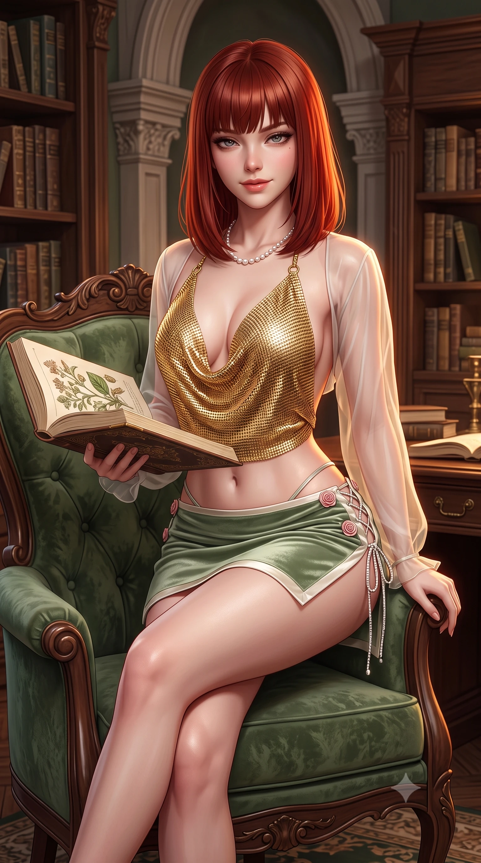 score_9, masterpiece, best quality, ultra-detailed, high-budget anime keyframe, semi-realistic 3D game render, editorial fashion photography, tasteful artistic composition, Caucasian woman. close-up cowboy shot from the waist and thighs up, the character dominates the composition, filling the frame with her large presence. leaning forward while arching her lower back to accentuate her curvy hips, looking into the camera with an intoxicating smoldering gaze and bedroom-eyes while perched sideways on an antique velvet armchair with legs crossed, holding a botanical illustration book with effortless intellectual allure. The surrounding environment is rendered in vivid detail and crisp panoramic clarity: detailed sheer organza blouse drape, dainty pearl necklace shine, and historical library furnishings in high resolution. She has an exceptionally elegant, slender, and willowy female figure with an ultra-slim waist, flat toned midriff, narrow ribcage, and sculpted feminine hips creating an alluring, slim hourglass silhouette without bulk. sharp v-shaped jawline, high-bridge nose, sparkling eyes with hypnotic seductive depth, thick curled eyelashes, glossy parted lips with a natural dewy peach sheen, alluring bedroom-eyes with an enchanting coquettish smile, exuding magnetic siren charisma and sophisticated glamour, flawlessly proportioned anatomical accuracy, strict slender model proportions, natural body alignment, perfectly sculpted long slender limbs, ultra-slim waistline, clean dynamic posture without body distortion. wearing a plunging cowl-neck liquid gold chainmail halter top paired with an ultra-low-rise velvet mini skirt and side rhinestone ties in botanical sage green and pure pearlescent ivory with rose trims, crafted from shimmering fluid chainmail mesh reflecting ambient casino lights, featuring fine criss-cross lace-up side ties revealing tantalizing glimpses of her hip curve, the high-slit wrap tailoring accentuating her ultra-slim waistline and the enchanting curve of her feminine hips with alluring seductive charm. illuminated by parchment reflection fill and sharp warm-amber rim lights defining her delicate clavicles, narrow waist, and curvy hips. highly saturated vibrant anime colors, detailed shading with soft gradients, rich glossy textures, high-contrast stereoscopic depth, volumetric dynamic lighting, master piece, 9:16 ratio