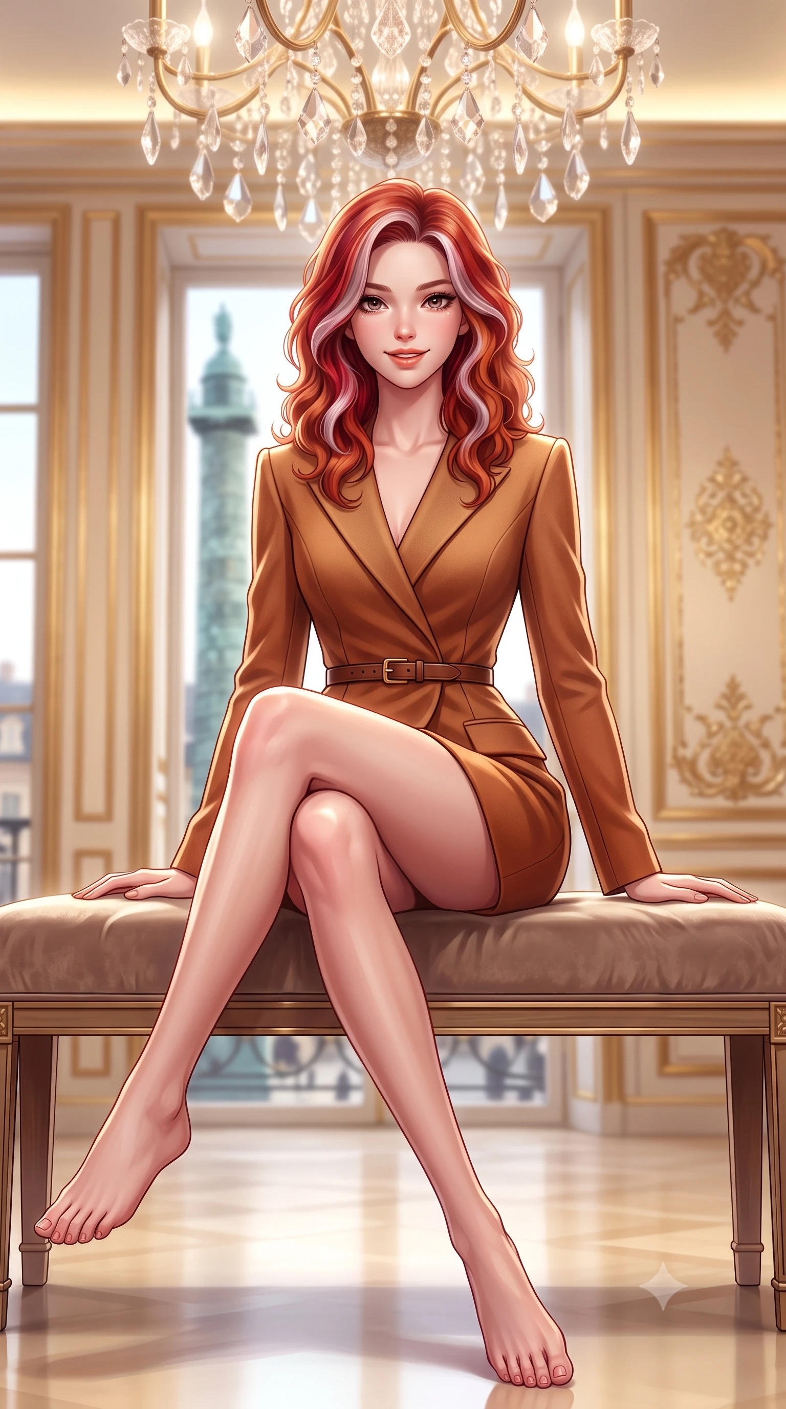 score_9, masterpiece, best quality, ultra-detailed, high-budget anime keyframe, semi-realistic 3D game render, editorial fashion photography, tasteful artistic composition, Caucasian woman. low angle full-body shot from head to toe showing her feet, filling the entire 9:16 vertical frame with her statuesque presence, stretching her vertical silhouette. sitting gracefully on the plush bench with legs crossed and angled toward the camera, highlighting her long slender limbs and hourglass waist while standing poised in the center of the palatial boutique salon beneath a cascading crystal chandelier, flashing a chic supermodel smile. The background shows a soft-focus glittering crystal chandeliers, gilded boiserie wall paneling, and views of the bronze Vendôme column through tall windows blurred into champagne, ivory, and brass bokeh. She has an exceptionally tall and slender model-like 8.5-heads proportion, an ultra-slim waist, a flat toned midriff, narrow delicate ribcage, and beautifully sculpted feminine hips creating a graceful, slim hourglass silhouette without any bulky heaviness, with impossibly long slender legs. sharp v-shaped jawline, high-bridge nose, intricate jewel-like sparkling eyes with depth, thick eyelashes, glossy parted lips with a natural peach sheen, bright cheerful beaming smile with an enchanting and coquettish sensual glint, exuding both youthful cute charm and seductive allure, flawlessly proportioned anatomical accuracy, strict slender model proportions, natural body alignment, perfectly sculpted long slender limbs, ultra-slim waistline, clean dynamic posture without body distortion. wearing a bespoke hourglass-tailored wool blazer dress with structured shoulders and a deeply cinched belt, highlighting her sculpted feminine hips in warm winter cinnamon and toasted caramel, tailored from premium double-knit ponte with sleek sculpting hold and smooth contours, finished with a slim equestrian bridle-leather belt cinched tightly at the narrowest point of her waist, the body-conscious tailored knit hugging her sculpted torso and curvaceous hips in a seamless, fluid line that highlights her statuesque model proportions. bathed in brilliant 3500K warm-white cove illumination and glittering multi-faceted crystal chandelier reflections. highly saturated vibrant anime colors, detailed shading with soft gradients, rich glossy textures, high-contrast stereoscopic depth, volumetric dynamic lighting, master piece, 9:16 ratio