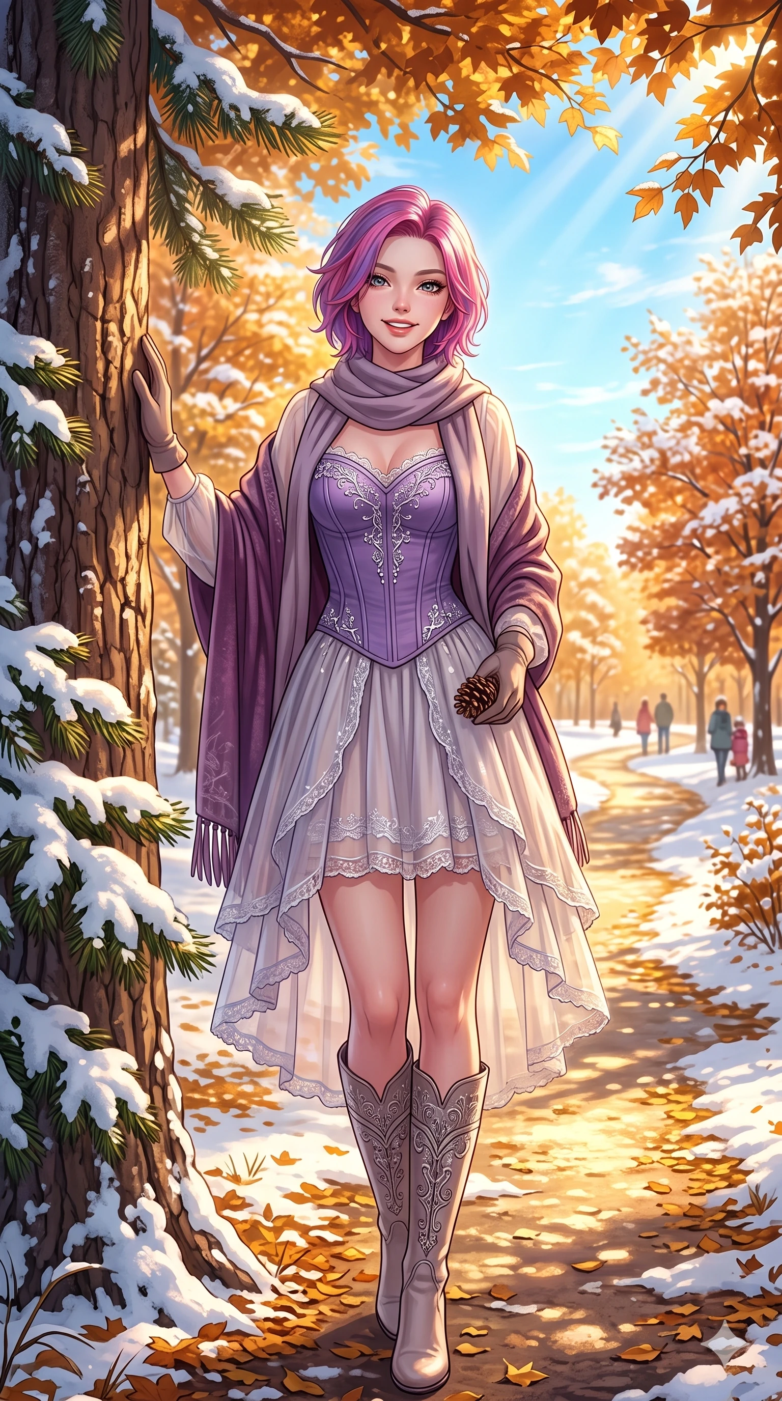 score_9, masterpiece, best quality, ultra-detailed, high-budget anime keyframe, vibrant anime aesthetic, Caucasian woman, strictly human ears. cowboy shot from the thighs up, character and outfit filling the frame for maximum presence. She is posing with a playful, lively winter grin, leaning one hand against a snow pine by an autumn park pathway under direct sunbeams (Code-P21-172). She has an absolutely perfect 8-heads proportion, an exceptionally tall and slender female figure with impossibly long slender legs and an ultra-slim waist. V-shaped jawline, high-bridge nose, intricate jewel-like eyes with depth, thick eyelashes, glossy lips with a natural sheen. wearing a sheer chiffon dress with a purple corset bodice in winter. She is drenched in soft sunbeams filtering through autumn leaves, casting a warm golden glow. 2k, ultra detail, master piece, 9:16 ratio