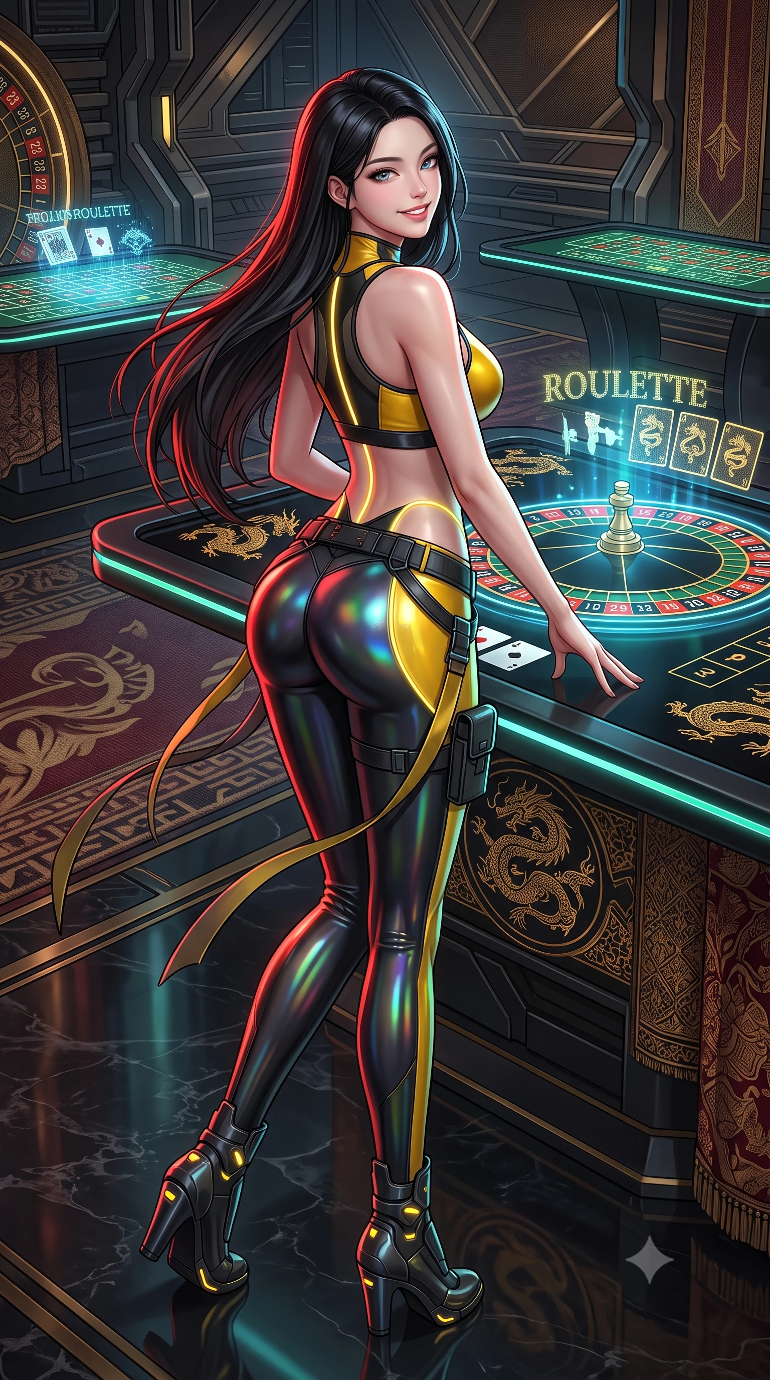 score_9, masterpiece, best quality, ultra-detailed, high-budget anime keyframe, semi-realistic 3D game render, editorial fashion photography, tasteful artistic composition, Korean woman. low angle full-body shot from head to toe showing her feet, filling the entire 9:16 vertical frame with her statuesque presence, stretching her vertical silhouette. executing a cheerful mid-motion pivot turn as her tactical belt and ribbons flutter around her slender legs, glancing over her shoulder with an intoxicating, teasing bedroom-gaze while leaning over the glossy black hologram roulette table with hips cocked back, arching her spine with dangerous seductive glamour. The surrounding environment is rendered in vivid detail and crisp panoramic clarity: detailed suit fabric weave, gold dragon embroidery glints, and underground casino architecture in razor-sharp precision. She has an absolutely perfect, statuesque 8.5-heads proportion, an exceptionally tall and slender model-like female figure with impossibly long slender legs, an ultra-slim waist, a flat toned midriff, narrow delicate ribcage, and beautifully sculpted feminine hips creating a graceful, slim hourglass silhouette without any bulky heaviness. sharp v-shaped jawline, high-bridge nose, intricate jewel-like sparkling eyes with depth, thick eyelashes, glossy parted lips with a natural sheen, bright confident smile with an enchanting and coquettish sensual glint, exuding both youthful magnetic charm and sovereign high-tech allure, flawlessly proportioned anatomical accuracy, strict slender model proportions, natural body alignment, perfectly sculpted long slender limbs, ultra-slim waistline, clean dynamic posture without body distortion. wearing a tactical racerback athletic crop top paired with skin-tight high-waisted holographic combat leggings in industrial hazard yellow and matte carbon black, made of smooth liquid latex with high-contrast stereoscopic depth and wet shine, accented with glowing neon fiber-optic piping tracing her spine and hip lines, the liquid-tight tailored fabric clinging flawlessly to her narrow waist and rounded feminine hips, emphasizing every millimeter of her sculpted slim hourglass curves without any bulky heaviness. illuminated by glowing table surfaces and sharp scarlet rim lights carving her sculpted collarbones, ultra-slim waist, and curvy hips. highly saturated vibrant anime colors, detailed shading with soft gradients, rich glossy textures, high-contrast stereoscopic depth, volumetric dynamic lighting, master piece, 9:16 ratio