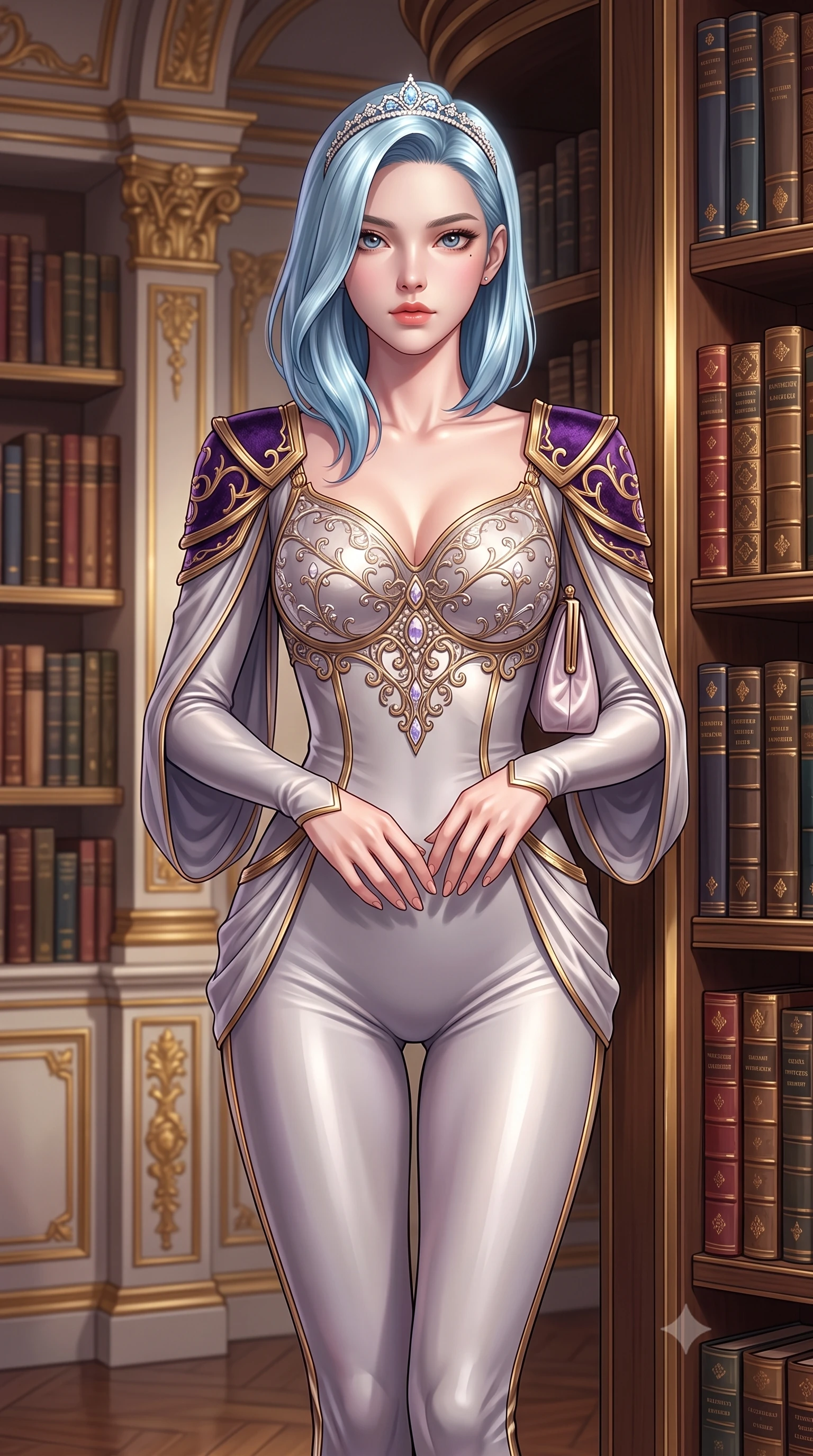 score_9, masterpiece, best quality, ultra-detailed, high-budget anime keyframe, semi-realistic 3D game render, editorial fashion photography, tasteful artistic composition, Korean woman. close-up cowboy shot from the waist and thighs up, the character dominates the composition, filling the frame with her large presence. holding her hands loosely in front with regal, aristocratic poise, radiating an overwhelming high-society aura while slipping through a secret revolving bookcase door from the grand library with sovereign stealth and fluid grace. The surrounding environment is rendered in vivid detail and crisp panoramic clarity. luxurious neo-noir romance chiaroscuro and lavish historical mansion opulence rendered with precision. She has an exceptionally elegant, slender, and willowy female figure with an ultra-slim waist, a gracefully sculpted slender torso, toned flat midriff, and a refined slim silhouette. sharp v-shaped jawline, high-bridge nose, intricate jewel-like eyes with depth, thick eyelashes, glossy lips with a natural sheen, captivating and magnetic expression, flawlessly proportioned anatomical accuracy, strict slender model proportions, natural body alignment, perfectly sculpted long slender limbs, ultra-slim waistline, clean dynamic posture without body distortion. wearing a sleek tailored stealth catsuit with transparent armor breastplate and tactical shoulder pauldrons in imperial purple velvet and antique gold, tailored from liquid silk jersey adhering flawlessly to her slender build, accessorized with a sparkling tiara headband and delicate satin clutch, the breezy yet form-flattering drape swaying gracefully with her steps, accentuating her long willowy limbs and slim waistline. illuminated by crisp specular highlights tracing her bare clavicle, ultra-slim waist, and flowing gown. highly saturated vibrant anime colors, detailed shading with soft gradients, rich glossy textures, high-contrast stereoscopic depth, volumetric dynamic lighting, master piece, 9:16 ratio
