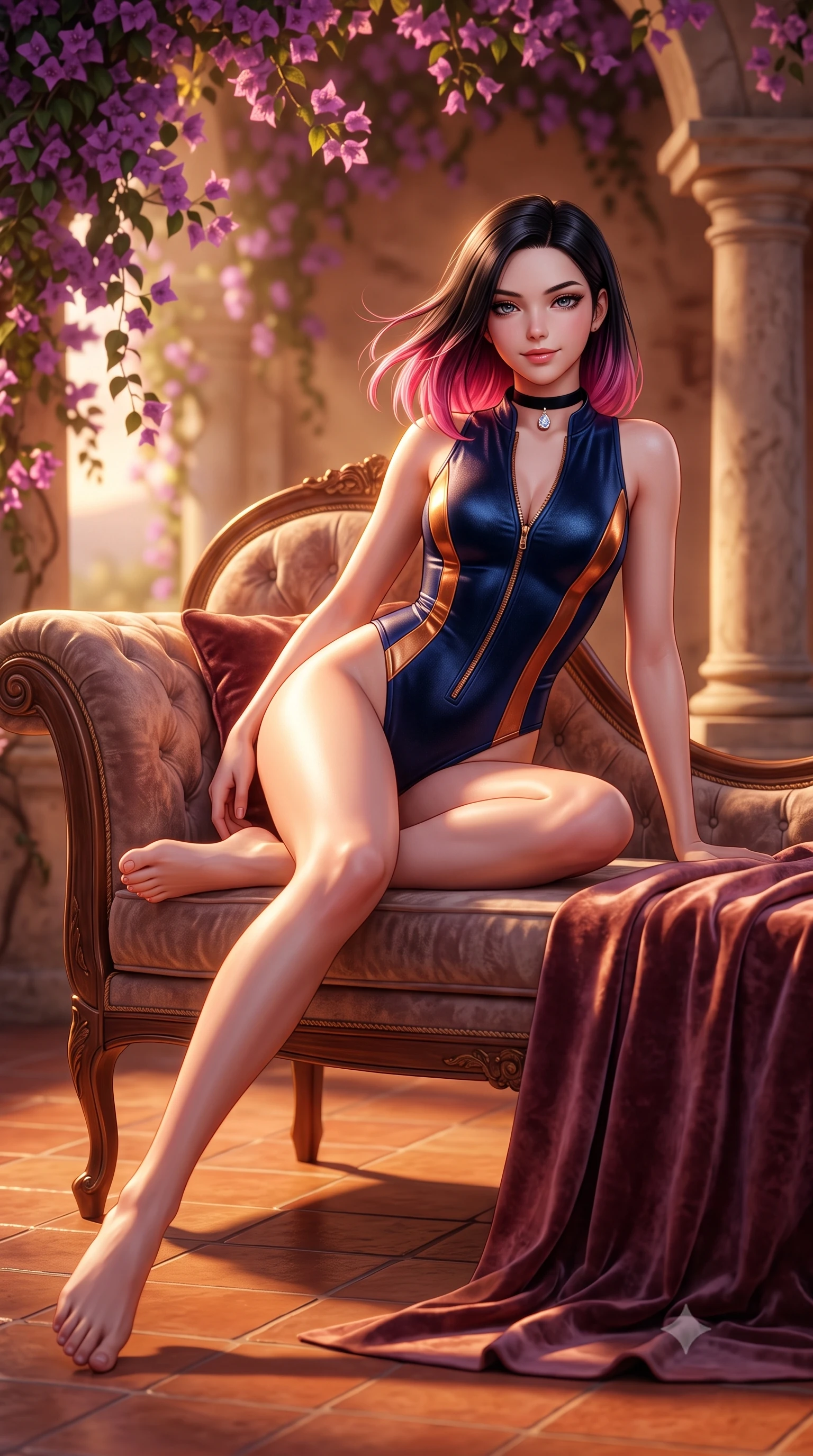 score_9, masterpiece, best quality, ultra-detailed, high-budget anime keyframe, semi-realistic 3D game render, editorial fashion photography, tasteful artistic composition, Korean woman. low angle full-body shot from head to toe showing her feet, filling the entire 9:16 vertical frame with her statuesque presence, stretching her vertical silhouette. reclining gracefully across the plush chaise lounge with one leg extended, her sculpted silhouette and flat midriff radiating magnetic nocturnal glamour while twisting her slender torso in an alluring contrapposto stance, warm Tuscan breeze fluttering her gown around her long slender legs and curvy hips. The background shows a soft-focus overhanging purple bougainvillea vines softened in romantic Italian golden-hour shallow focus. She has an absolutely perfect, statuesque 8.5-heads proportion, an exceptionally tall and slender model-like female figure with impossibly long slender legs, an ultra-slim waist, a flat toned midriff, narrow delicate ribcage, and beautifully sculpted feminine hips creating a graceful, slim hourglass silhouette without any bulky heaviness. sharp v-shaped jawline, high-bridge nose, sparkling eyes with hypnotic seductive depth, thick curled eyelashes, glossy parted lips with a natural dewy peach sheen, alluring bedroom-eyes with an enchanting coquettish smile, exuding magnetic siren charisma and sophisticated glamour, flawlessly proportioned anatomical accuracy, strict slender model proportions, natural body alignment, perfectly sculpted long slender limbs, ultra-slim waistline, clean dynamic posture without body distortion. wearing a form-contouring wet-look neoprene zip-front maillot with high-cut leg openings and racing side stripes in molten liquid bronze and deep sapphire navy, tailored from ultra-plush velvet with rich tactile depth and deep shadow gradients, finished with a thin velvet ribbon choker and a single teardrop diamond pendant, the second-skin tailored fabric adhering flawlessly to her sculpted flat midriff and slender torso, emphasizing her long leg lines and perfectly proportioned willowy build. illuminated by terracotta floor bounce and sharp molten-bronze rim lights sculpting her razor-sharp jawline, narrow waist, and curvy hips. highly saturated vibrant anime colors, detailed shading with soft gradients, rich glossy textures, high-contrast stereoscopic depth, volumetric dynamic lighting, master piece, 9:16 ratio