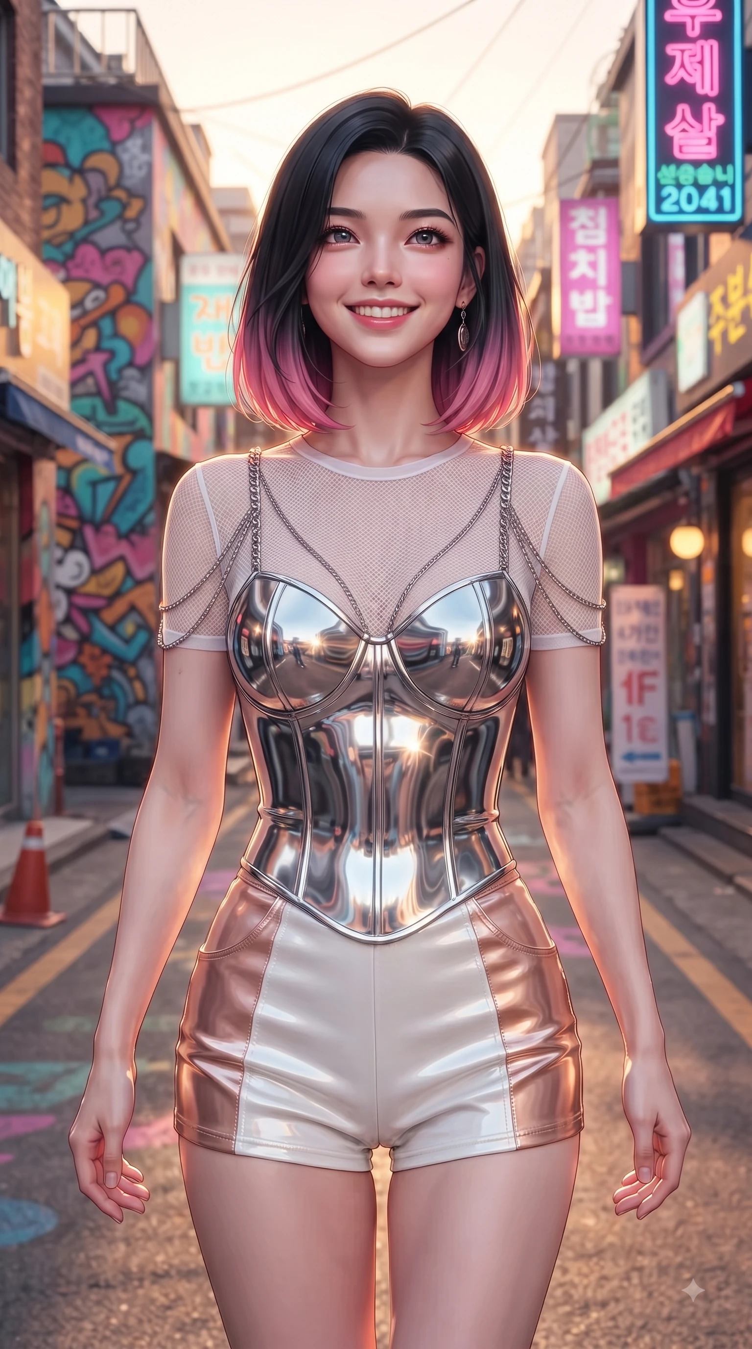 score_9, masterpiece, best quality, ultra-detailed, high-budget anime keyframe, editorial fashion photography, tasteful artistic composition, Korean woman. close-up cowboy shot from the waist and thighs up, the character dominates the composition, filling the frame with her large presence, background elements kept in soft focus. Tilting her chin up with a sweet beaming smile of pure delight while balancing dynamically amidst the scene while walking dynamically down a vibrant Seongsu-dong alley lined with trendy fashion pop-up stores, vibrant urban street art and neon shop signs casting colorful ambient light around her. She has an exceptionally elegant, slender, and willowy female figure with an ultra-slim waist, a gracefully sculpted slender torso, and a refined silhouette. sharp v-shaped jawline, high-bridge nose, intricate jewel-like eyes with depth, thick eyelashes, glossy lips with a natural sheen, flawlessly proportioned anatomical accuracy, natural body alignment, perfectly sculpted elegant limbs, clean dynamic posture without body distortion. wearing a chrome-plated structured bodice worn over a sheer mesh top and micro-shorts in pearl white and rose gold, tailored from high-gloss patent leather, adorned with delicate metallic chain straps along the neckline, the elegant draped fit framing her graceful clavicle and slender torso. bathed in bright golden hour sunshine and warm urban ambient illumination. ultra-reflective glossy finish, specular highlights, metallic sheen, high-contrast stereoscopic depth, volumetric dynamic lighting, 2k, ultra detail, master piece, 9:16 ratio
