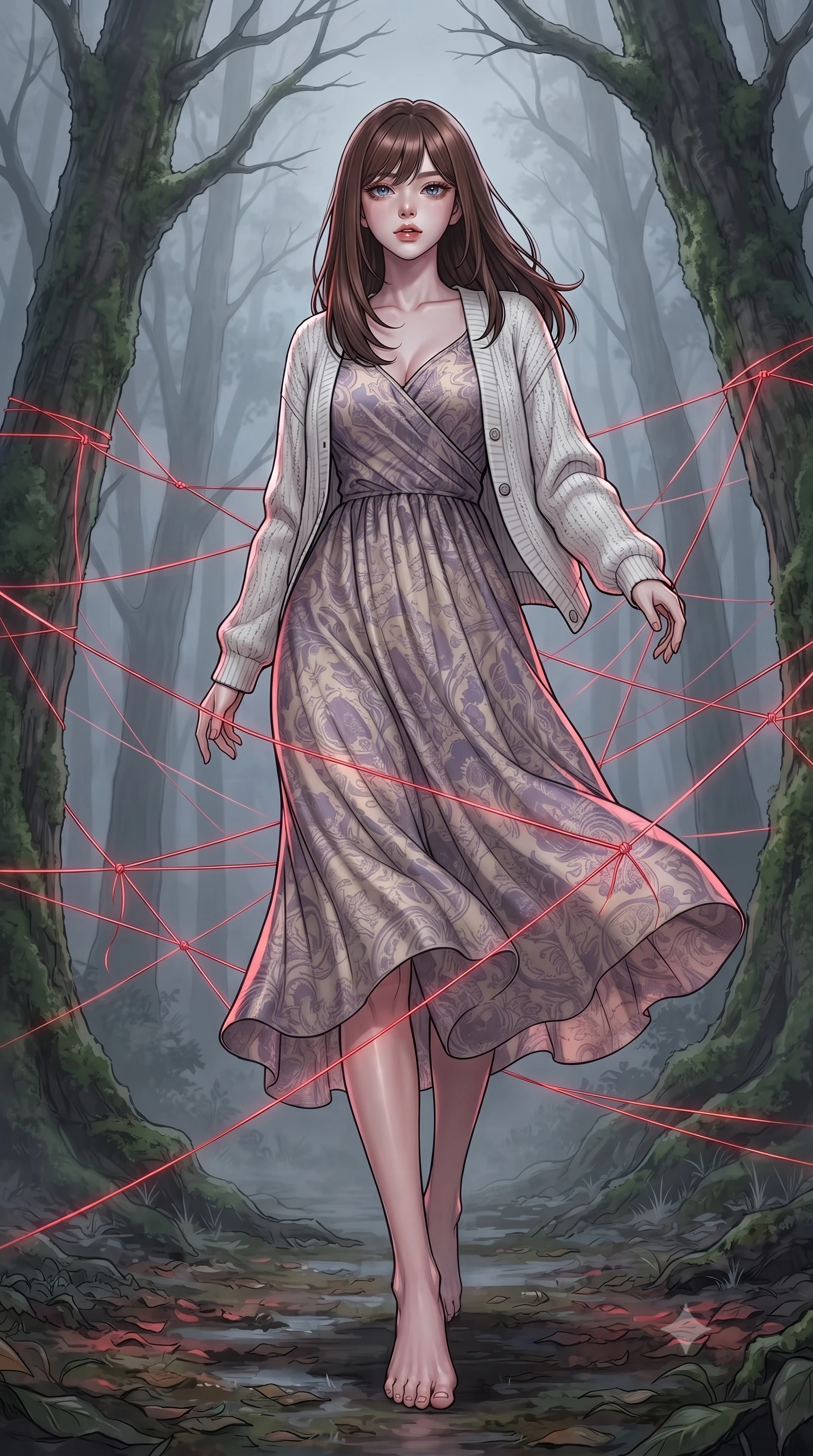 score_9, masterpiece, best quality, ultra-detailed, high-budget anime keyframe, gorgeous anime illustration, with clean line-art, distinct ink outlines, and high-contrast stereoscopic depth, Korean woman. low angle full-body shot from head to toe showing her feet, filling the entire 9:16 vertical frame with her statuesque presence, stretching her vertical silhouette. navigating with fluid motion through in a misty forest at night where glowing red threads are tied between the trees, weaving a complex geometric web that floats above the damp ground. She has a statuesque 8.5-heads proportion, an exceptionally tall, slender and willowy model-like build with impossibly long legs and a highly sculpted ultra-slim waist. sharp v-shaped jawline, high-bridge nose, intricate jewel-like eyes with depth, thick eyelashes, glossy lips with a natural sheen. wearing a flowing silk maxi dress in a muted lavender and cream print, layered under a white knit cardigan. soft, eerie red glow from the floating threads casting red accents on the character, contrasted with cool grey forest mist. 2k, ultra detail, master piece, 9:16 ratio, highly saturated vibrant anime colors, detailed cel-shading with soft gradients, rich glossy textures, deep contrast, volumetric dynamic lighting, 2d animation style