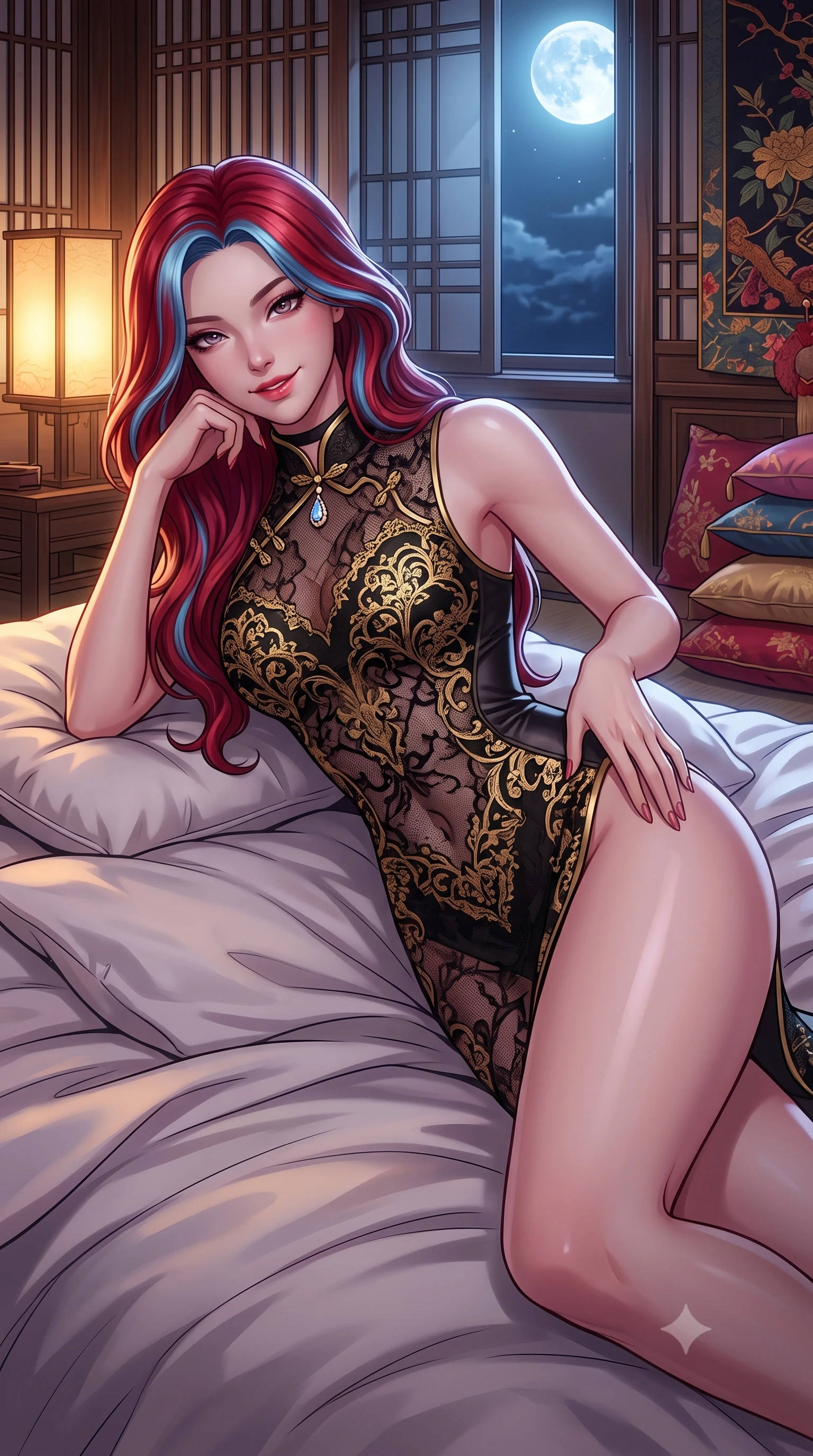 score_9, masterpiece, best quality, ultra-detailed, high-budget anime keyframe, semi-realistic 3D game render, editorial fashion photography, tasteful artistic composition, Caucasian woman. close-up cowboy shot from the waist and thighs up, the character dominates the composition, filling the frame with her large presence. tilting her head with a teasing half-smile, running one hand slowly down the side of her hip in a flirtatious S-curve as ambient light caresses her silhouette while reclining sideways across the plush silk futon cushions propped on one elbow, flashing a radiant, playful smile with parted glossy lips. The surrounding environment is rendered in vivid detail and crisp panoramic clarity: detailed provocative sheer noir illusion mesh kimono dress embroidery, delicate sash ribbons, and master Japanese joinery in high resolution. She has an exceptionally elegant, slender, and willowy female figure with an ultra-slim waist, flat toned midriff, narrow ribcage, and sculpted feminine hips creating an alluring, slim hourglass silhouette without bulk. sharp v-shaped jawline, high-bridge nose, intricate jewel-like sparkling eyes with depth, thick eyelashes, glossy parted lips with a natural peach sheen, bright cheerful beaming smile with an enchanting and coquettish sensual glint, exuding both youthful cute charm and seductive allure, flawlessly proportioned anatomical accuracy, strict slender model proportions, natural body alignment, perfectly sculpted long slender limbs, ultra-slim waistline, clean dynamic posture without body distortion. wearing a delicate sheer Chantilly lace cheongsam teddy with open mandarin collar and deep keyhole back in Shanghai noir black and imperial 24k gold, woven from buttery-soft stretch lambskin leather adhering to her body like a second skin, finished with a thin velvet ribbon choker and a single teardrop diamond pendant, the high-slit wrap tailoring accentuating her ultra-slim waistline and the enchanting curve of her feminine hips with alluring seductive charm. bathed in the soft, intimate 2200K ambient illumination of traditional washi andon lamps mixed with cool silver moonlight. highly saturated vibrant anime colors, detailed shading with soft gradients, rich glossy textures, high-contrast stereoscopic depth, volumetric dynamic lighting, master piece, 9:16 ratio