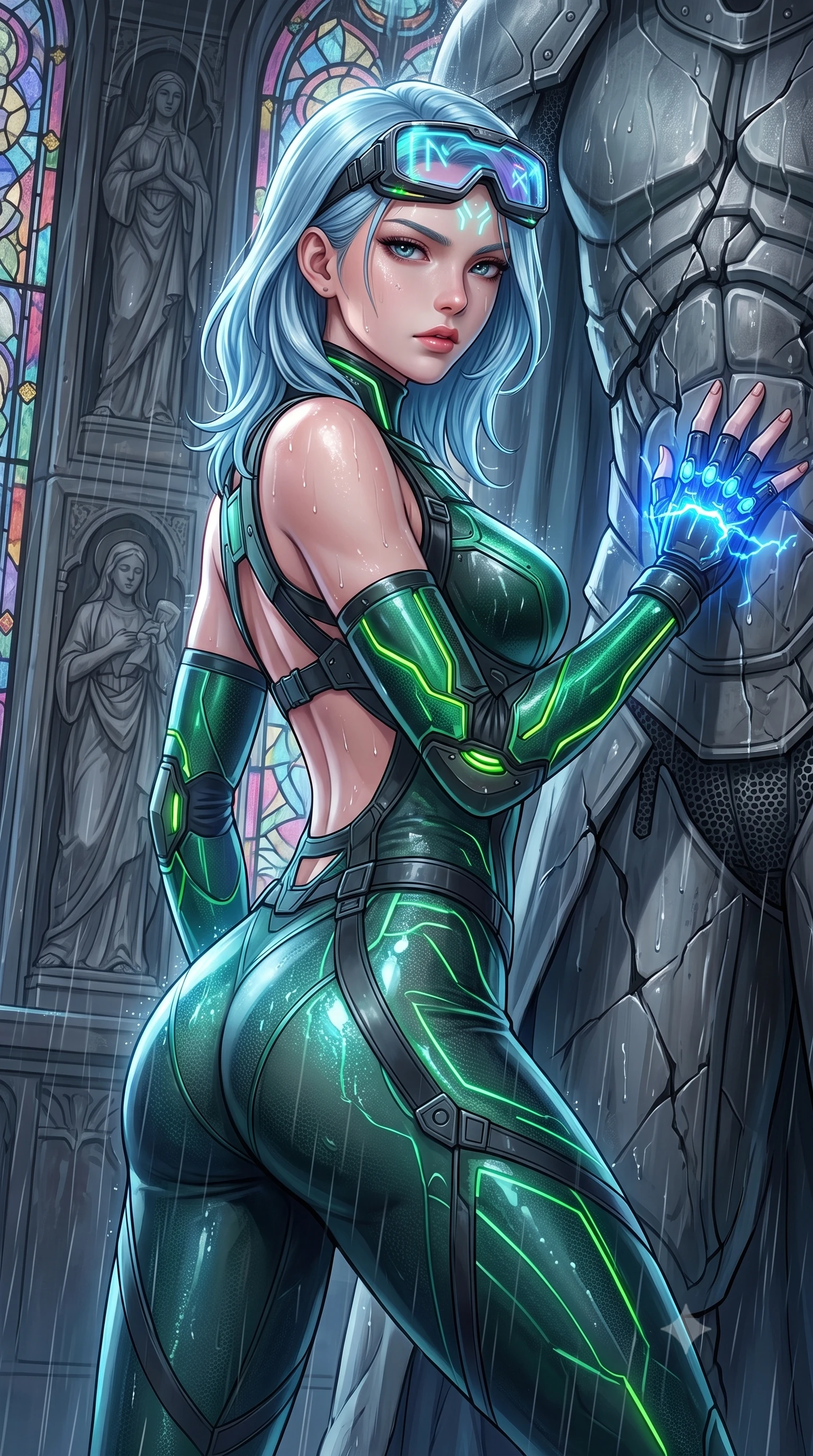 score_9, masterpiece, best quality, ultra-detailed, high-budget anime keyframe, semi-realistic 3D game render, editorial fashion photography, tasteful artistic composition, Korean woman. close-up cowboy shot from the waist and thighs up, the character dominates the composition, filling the frame with her large presence. tilting her head slightly with solemn warrior composure, sweat and rain glistening on her sculpted collarbones and high-bridge nose while pivoting dynamically beside a colossal fractured saint statue, her kinetic knuckle dampers glowing with intense blue energy. The surrounding environment is rendered in vivid detail and crisp panoramic clarity. detailed saint statue reliefs, rain-streaked stained glass borders, and armor joint mesh in high clarity. She has an exceptionally elegant, slender, and willowy female figure with an ultra-slim waist, a gracefully sculpted slender torso, toned flat midriff, and a refined slim silhouette. sharp v-shaped jawline, high-bridge nose, intricate jewel-like eyes with depth, thick eyelashes, glossy lips with a natural sheen, fierce and resolute heroine expression, flawlessly proportioned anatomical accuracy, strict slender model proportions, natural body alignment, perfectly sculpted long slender limbs, ultra-slim waistline, clean dynamic posture without body distortion. wearing high-tech holographic tactical goggles resting tipped up on her forehead, casting glowing neon runes across her brow without obscuring her features, paired with a tailored tactical combat jumpsuit with an open-back harness design, reinforced composite breastplate, and high-mobility elbow dampers in toxic emerald green carbon composite with glowing lime warning channels, crafted from semi-translucent cybernetic carbon-vinyl interwoven with glowing micro-filaments, featuring a sleek aerodynamic collar framed by subtle glowing cybernetic status LEDs, the liquid-tight tailored fabric emphasizing every curve of her tall, slender model proportions and sculptured silhouette during dynamic movement. surrounded by an awe-inspiring, tragic, and radiantly unbreakable warrior goddess aura. rich saturated anime colors with glowing neon highlights, detailed shading with soft gradients, rich glossy textures, high-contrast stereoscopic depth, volumetric dynamic lighting, master piece, 9:16 ratio