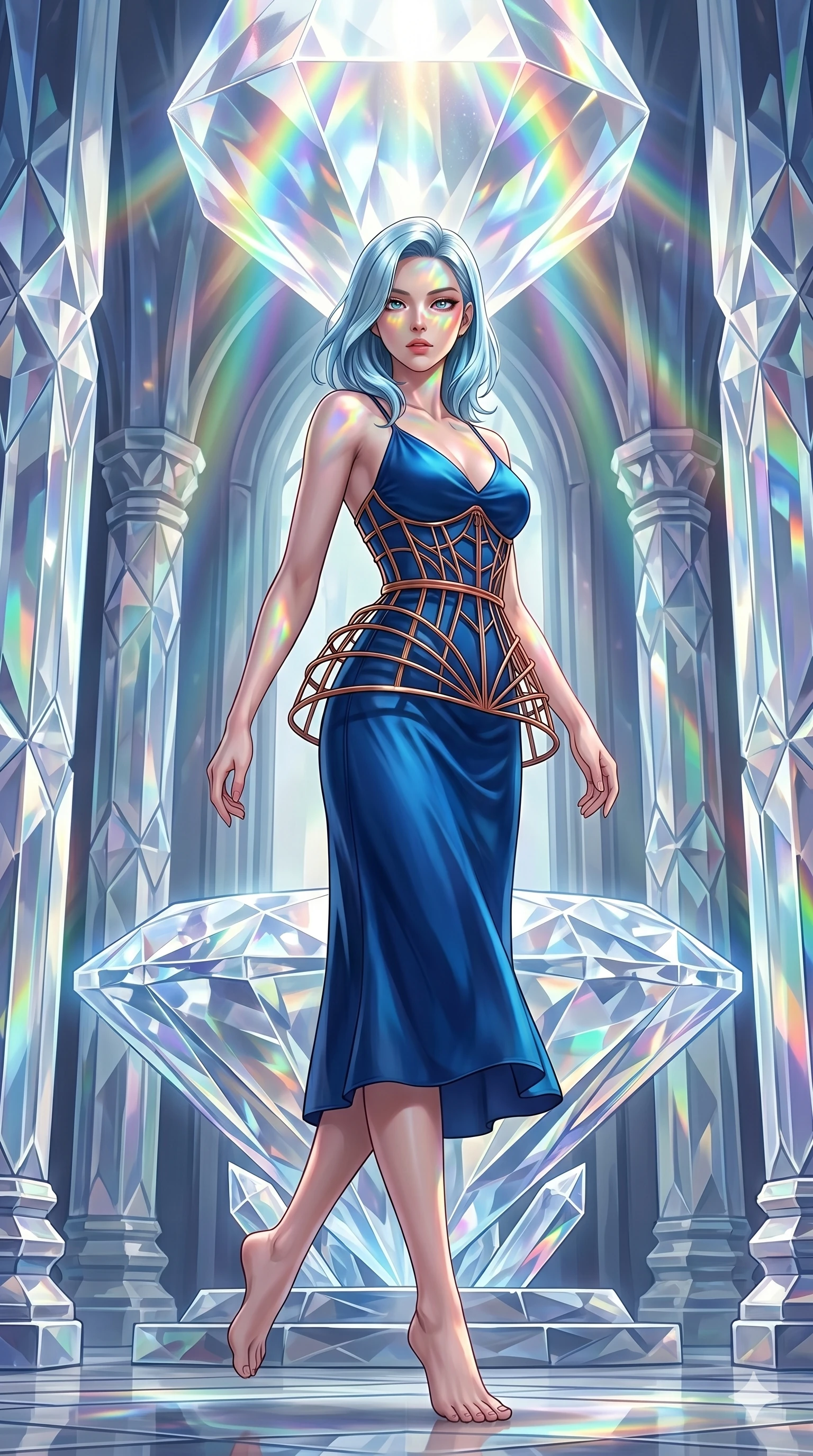 score_9, masterpiece, best quality, ultra-detailed, high-budget anime keyframe, editorial fashion photography, tasteful artistic composition, Korean woman. low angle full-body shot from head to toe showing her feet, filling the entire 9:16 vertical frame with her statuesque presence, stretching her vertical silhouette. Pivoting on one foot with a sudden, sharp motion, her expression focused and intense inside a crystal cathedral where the altar is carved from a single massive diamond, with a sense of ancient serenity filling every corner. She has an absolutely perfect 8-heads proportion, an exceptionally tall and slender female figure with impossibly long slender legs and an ultra-slim waist. V-shaped jawline, high-bridge nose, intricate jewel-like eyes with depth, thick eyelashes, glossy lips with a natural sheen. wearing a deep sapphire blue silk slip dress accented with a custom-crafted copper wire cage corset. illuminated by refracted rainbow light from a crystal prism overhead, coloring her face and outfit. 2k, ultra detail, master piece, 9:16 ratio