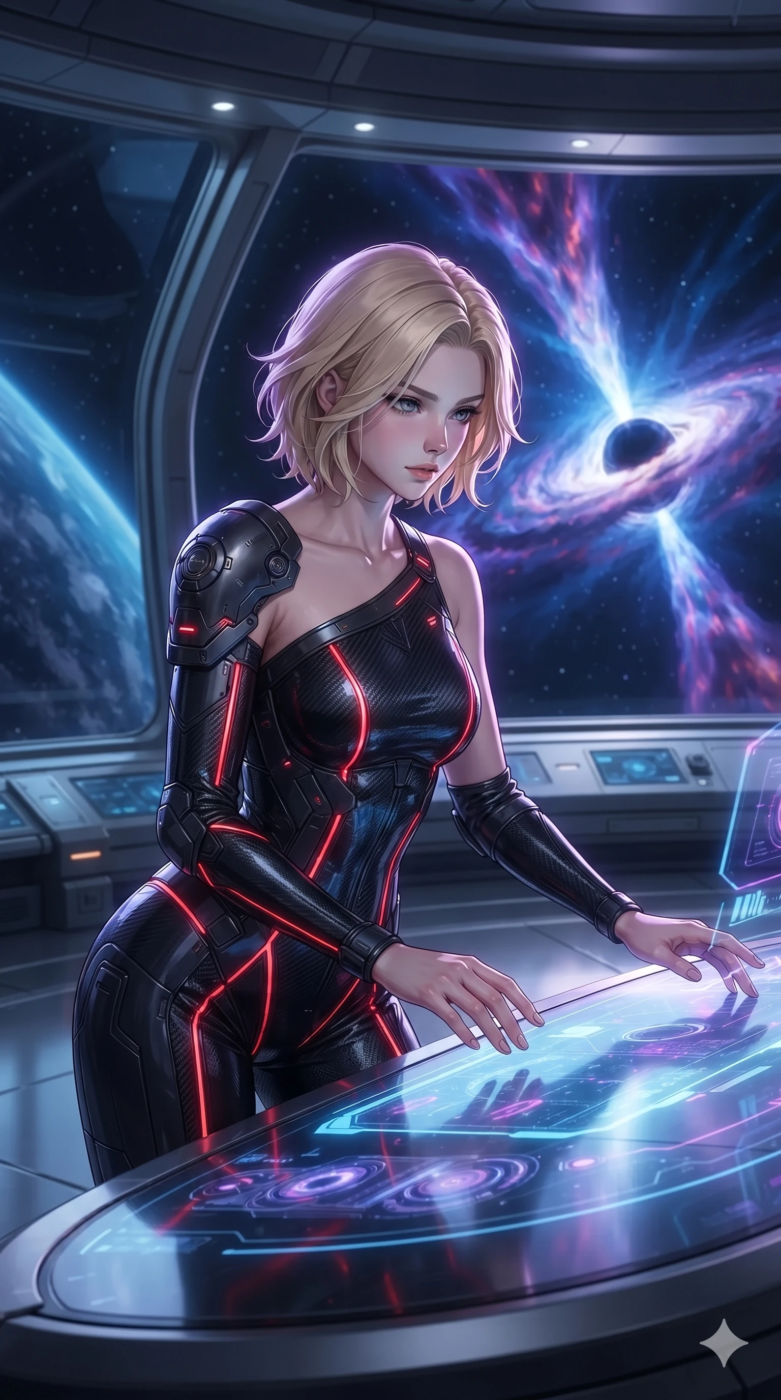 score_9, masterpiece, best quality, ultra-detailed, high-budget anime keyframe, editorial fashion photography, tasteful artistic composition, Caucasian woman. close-up cowboy shot from the waist and thighs up, the character dominates the composition, filling the frame with her large presence. leaning forward over the holographic console while arching her lower back to accentuate her curvy hips, looking into the camera with an intoxicating smoldering bedroom-gaze while standing poised on the panoramic observation gantry, arching her lower back with sovereign supermodel poise as a collimated relativistic plasma jet erupts from the singularity core. The surrounding environment is rendered in vivid detail and crisp panoramic clarity: detailed high-tech flight suit tailoring, silver hardware rings, and space station architecture in razor-sharp clarity. She has an exceptionally elegant, slender, and willowy female figure with an ultra-slim waist, flat toned midriff, narrow ribcage, and sculpted feminine hips creating an alluring, slim hourglass silhouette without bulk. sharp v-shaped jawline, high-bridge nose, intricate jewel-like sparkling eyes with depth, thick eyelashes, glossy parted lips with a natural sheen, bright confident smile with an enchanting and coquettish sensual glint, exuding both youthful magnetic charm and sovereign high-tech allure, flawlessly proportioned anatomical accuracy, strict slender model proportions, natural body alignment, perfectly sculpted long slender limbs, ultra-slim waistline, clean dynamic posture without body distortion. wearing an asymmetric one-shoulder combat catsuit with carbon-weave paneling and an open-waist architecture emphasizing her hips in midnight black lacquer and vibrant scarlet neon, crafted from stretch micro-mesh with liquid foil coating that shimmers with every movement, finished with polished chrome buckle hardware and modular magnetic holster clasps, the impeccably tailored cut draping gracefully along her slender figure with aristocratic poise. illuminated by window reflections and sharp violet-platinum rim lights sculpting her razor-sharp jawline, narrow waist, and curvy hips. ultra-reflective glossy finish, specular highlights, rich textural contrasts, high-contrast stereoscopic depth, volumetric dynamic lighting, 2k, ultra detail, master piece, 9:16 ratio
