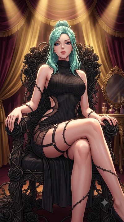score_9, masterpiece, best quality, ultra-detailed, High-budget Anime Keyframe, East Asian woman. Low angle cowboy shot filling the entire 9:16 frame with her statuesque presence. Scenario 326: resting on a throne of black roses, thorns grazing her s