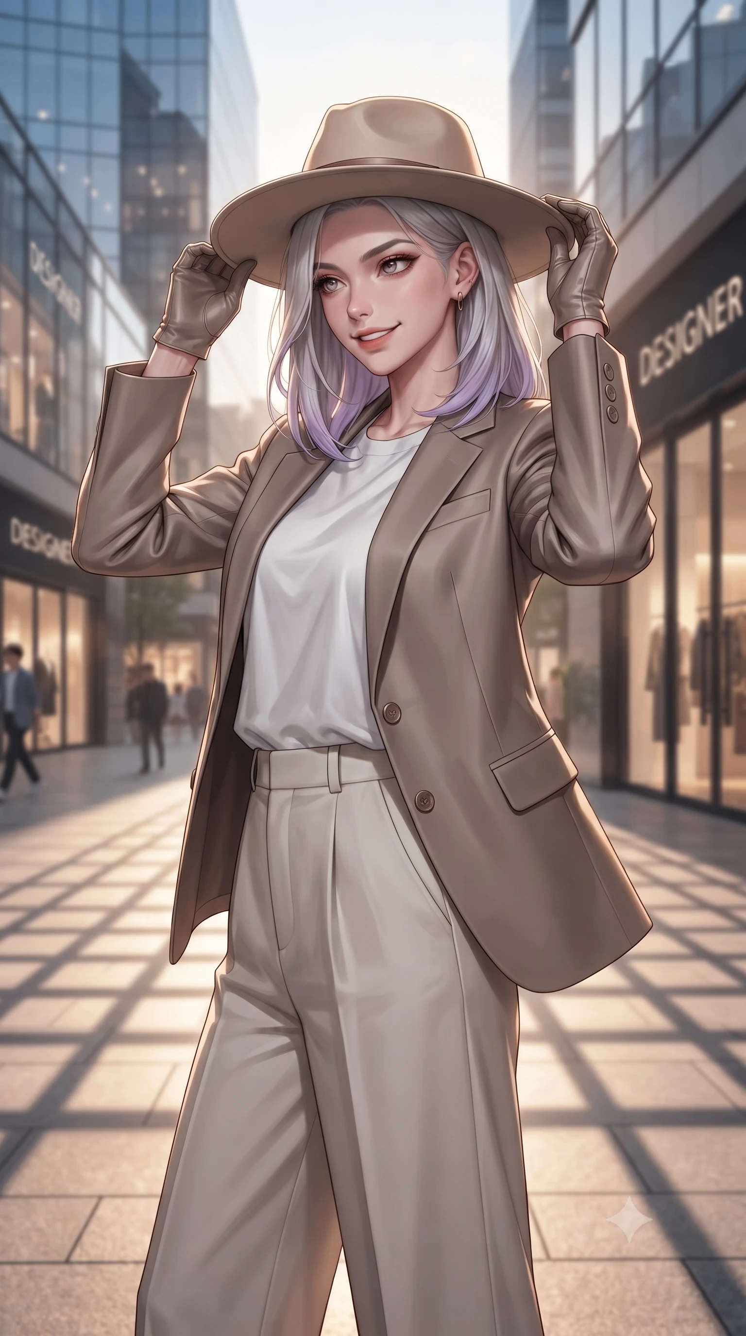 score_9, masterpiece, best quality, ultra-detailed, high-budget anime keyframe, editorial fashion photography, tasteful artistic composition, Caucasian woman. close-up cowboy shot from the waist and thighs up, the character dominates the composition, filling the frame with her large presence, background elements kept in soft focus. glancing sidelong over her shoulder with an alluring, lingering gaze and a subtle grin set against a soft-focus background of in a bustling fashion district plaza with glass buildings and designer stores adjusting her stylish hat with a bright, confident smile. She has an exceptionally elegant, slender, and willowy female figure with an ultra-slim waist, a gracefully sculpted slender torso, and a refined silhouette. sharp v-shaped jawline, high-bridge nose, intricate jewel-like eyes with depth, thick eyelashes, glossy lips with a natural sheen. wearing body-hugging tailored casual blazer in taupe, paired with a loose tee and wide-leg trousers. warm late afternoon sunrays casting long grid shadows across the boulevard. ultra-reflective glossy finish, specular highlights, metallic sheen, high-contrast stereoscopic depth, volumetric dynamic lighting, 2k, ultra detail, master piece, 9:16 ratio