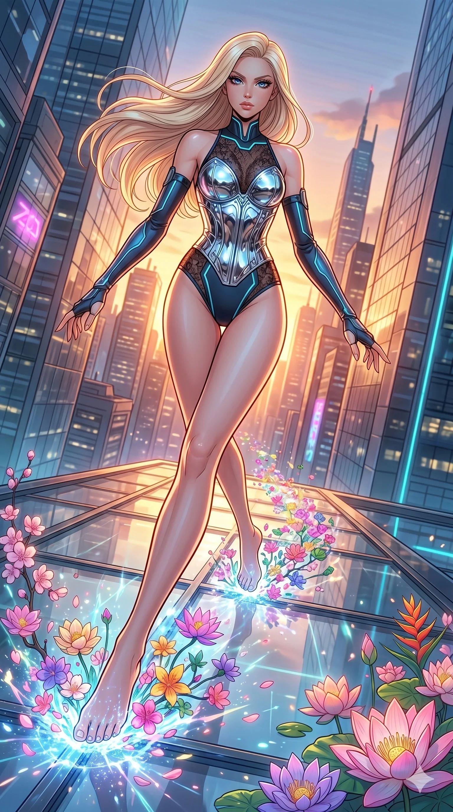 score_9, masterpiece, best quality, ultra-detailed, high-budget anime movie keyframe, cinematic anime lighting, intricate line art, Japanese woman. Dynamic full-body shot stretching the vertical silhouette with extreme perspective. casting a spell that turns her footsteps into blooming flowers. She has an absolutely perfect 8-heads proportion, an exceptionally tall and slender female figure with an ultra-slim waist and impossibly long slender legs. strictly human anatomy, two legs only, no extra limbs, clearly defined legs and arms, perfect anatomy, perfect hands and fingers. sharp v-shaped jawline, high-bridge nose, intricate jewel-like eyes, thick eyelashes, glossy lips. Wearing Cyber-Tech Legacy: Asymmetrical high-cut tech-bodysuit with detached sleeves and chrome-plated corset over sheer lace. The scene is illuminated by dramatic atmospheric lighting and vibrant color palettes. , 2k, ultra detail, master piece, 9:16 ratio