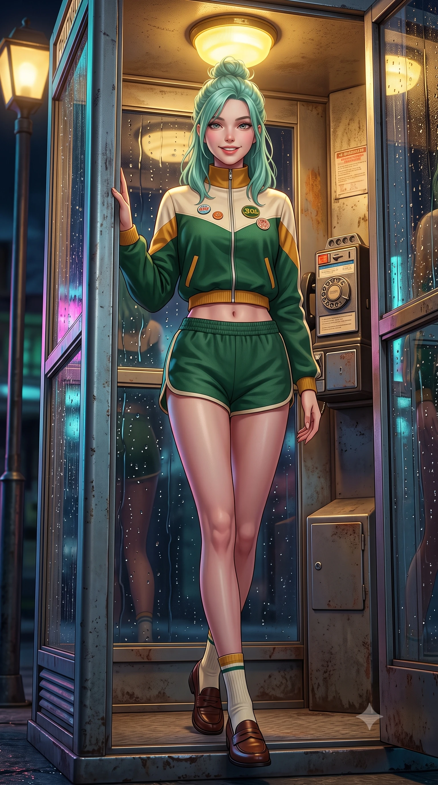 score_9, masterpiece, best quality, ultra-detailed, high-budget anime keyframe, semi-realistic 3D game render, editorial fashion photography, tasteful artistic composition, Japanese woman. low angle full-body shot from head to toe showing her feet, filling the entire 9:16 vertical frame with her statuesque presence, stretching her vertical silhouette. striding forward in a proud, dynamic supermodel runway stride, her statuesque vertical silhouette commanding the entire frame while leaning against the exterior booth frame under a streetlamp, smiling warmly at someone approaching beyond the camera. The surrounding environment is rendered in vivid detail and crisp panoramic clarity. crisp water droplet tracks on glass, rotary dial telephone textures, and weathered metal booth frames in deep focus. She has an absolutely perfect, statuesque 8.5-heads proportion, an exceptionally tall and slender model-like female figure with impossibly long slender legs, a toned flat midriff, and an ultra-slim waist. sharp v-shaped jawline, high-bridge nose, intricate jewel-like eyes with depth, thick eyelashes, glossy lips with a natural sheen, captivating and magnetic expression, flawlessly proportioned anatomical accuracy, strict slender model proportions, natural body alignment, perfectly sculpted long slender limbs, ultra-slim waistline, clean dynamic posture without body distortion. wearing a sporty 80s retro track jacket paired with high-waisted dolphin running shorts and tube socks in forest green, cream, and mustard yellow, woven from soft breathable linen that flutters gently with every step, finished with retro enamel varsity pins and classic leather loafers, the precision-cut daring openings accentuating her delicate midriff, graceful bare collarbones, and ultra-slim feminine waistline. bathed in cozy yellow interior phone booth lamp light contrasting with cool neon street reflections outside. highly saturated vibrant anime colors, detailed shading with soft gradients, rich glossy textures, high-contrast stereoscopic depth, volumetric dynamic lighting, master piece, 9:16 ratio