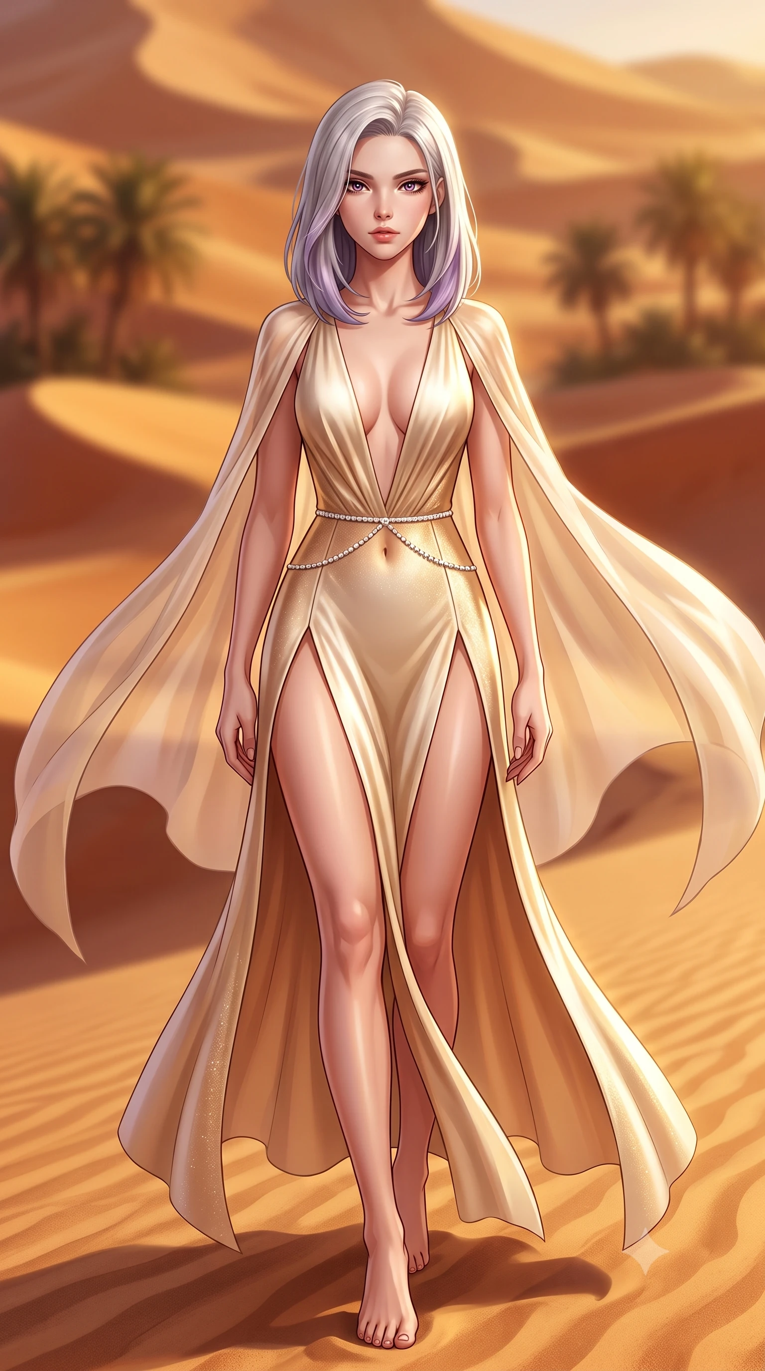 score_9, masterpiece, best quality, ultra-detailed, high-budget anime keyframe, semi-realistic 3D game render, editorial fashion photography, tasteful artistic composition, Caucasian woman. low angle full-body shot from head to toe showing her feet, filling the entire 9:16 vertical frame with her statuesque presence, stretching her vertical silhouette. striding forward in a proud supermodel runway stride, hips swaying in an alluring kinetic rhythm that accentuates her curvy hourglass silhouette while reclining on her side across the crest of a wind-sculpted golden sand dune, arching her lower back as desert sunset winds flutter her sheer silk cape. The composition keeps background elements in soft focus with creamy bokeh. shifting golden sand dunes and distant oasis palm silhouettes blurred into molten amber, terracotta, and honey-gold bokeh. She has an absolutely perfect, statuesque 8.5-heads proportion, an exceptionally tall and slender model-like female figure with impossibly long slender legs, a toned flat midriff, an ultra-slim waist, and beautifully sculpted feminine hips. sharp v-shaped jawline, high-bridge nose, intricate jewel-like eyes with depth, thick eyelashes, glossy parted lips with a natural sheen, intensely captivating and seductive bedroom-eyes expression, flawlessly proportioned anatomical accuracy, strict slender model proportions, natural body alignment, perfectly sculpted long slender limbs, ultra-slim waistline, clean dynamic posture without body distortion. wearing a plunging-V neckline silk crepe gown with open side slits ascending to the high hip in radiant champagne and shimmering gold dust, tailored from ultra-smooth duchess satin with a pearlescent desert sheen, accented with a dainty diamond waist chain framing her sun-kissed midriff, the second-skin form-contouring cut accentuating her sculpted flat midriff, narrow waistline, and dramatically curvy hips without adding bulk. surrounded by an exotic, sovereign, and breathlessly captivating desert mirage queen aura. highly saturated vibrant anime colors, detailed shading with soft gradients, rich glossy textures, high-contrast stereoscopic depth, volumetric dynamic lighting, master piece, 9:16 ratio
