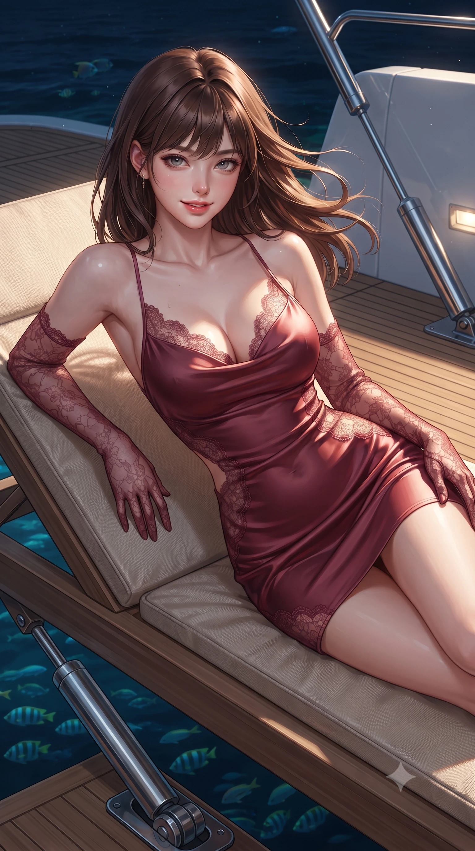 score_9, masterpiece, best quality, ultra-detailed, high-budget anime keyframe, editorial fashion photography, tasteful artistic composition, Korean woman. close-up cowboy shot from the waist and thighs up, the character dominates the composition, filling the frame with her large presence. turning slowly with an enchanting smoldering smile, her glossy hair tossing in the breeze as her hips angle gracefully in a captivating contrapposto while lounging on an outdoor teak sunbed propped on one elbow, her flat midriff and long slender legs commanding the nocturnal ocean realm. The surrounding environment is rendered in vivid detail and crisp panoramic clarity: sharp teak plank caulking, stainless steel hydraulic piston polish, and swimming reef fish clarity in deep focus. She has an exceptionally elegant, slender, and willowy female figure with an ultra-slim waist, flat toned midriff, narrow ribcage, and sculpted feminine hips creating an alluring, slim hourglass silhouette without bulk. sharp v-shaped jawline, high-bridge nose, sparkling eyes with hypnotic seductive depth, thick curled eyelashes, glossy parted lips with a natural dewy peach sheen, alluring bedroom-eyes with an enchanting coquettish smile, exuding magnetic siren charisma and sophisticated glamour, flawlessly proportioned anatomical accuracy, strict slender model proportions, natural body alignment, perfectly sculpted long slender limbs, ultra-slim waistline, clean dynamic posture without body distortion. wearing a low-cut draped cowl-back satin slip mini dress with dainty pearl spaghetti straps in smoldering crimson wine and deep rose-gold, made of delicate semi-sheer French Chantilly lace with intricate eyelash edges, complemented by sheer opera-length lace evening gloves tracing her slender arms, the form-contouring silhouette accentuating her sculpted flat midriff, narrow delicate ribcage, and gracefully curvy hips with intoxicating allure. illuminated by water surface reflection bounce and sharp cyan-gold rim lights defining her delicate clavicles, narrow waist, and curvy hips. ultra-reflective glossy finish, specular highlights, rich textural contrasts, high-contrast stereoscopic depth, volumetric dynamic lighting, 2k, ultra detail, master piece, 9:16 ratio