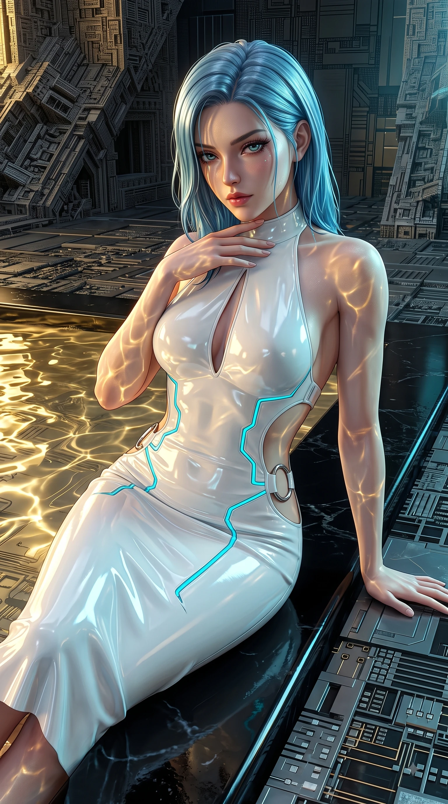 score_9, masterpiece, best quality, ultra-detailed, high-budget anime keyframe, semi-realistic 3D game render, editorial fashion photography, tasteful artistic composition, Korean woman. close-up cowboy shot from the waist and thighs up, the character dominates the composition, filling the frame with her large presence. resting her fingers lightly against her throat while looking down with a smoldering, haughty yet intensely captivating glance while reclining along the wet obsidian ledge of a cybernetic sanctuary with glowing gold caustics illuminating her figure. The surrounding environment is rendered in vivid detail and crisp panoramic clarity. rich chiaroscuro lighting and intricate cyber-temple architectural textures rendered in panoramic clarity. She has an exceptionally elegant, slender, and willowy female figure with an ultra-slim waist, a gracefully sculpted slender torso, and a refined silhouette. sharp v-shaped jawline, high-bridge nose, intricate jewel-like eyes with depth, thick eyelashes, glossy lips with a natural sheen, flawlessly proportioned anatomical accuracy, natural body alignment, perfectly sculpted elegant limbs, clean dynamic posture without body distortion. wearing a velvet halter-neck midi dress fitting her statuesque contour flawlessly with a Tasteful chest slit and open spine in pure snow white latex and glowing cyan circuit seams, formed from high-gloss patent material with specular light reflections, detailed with polished silver rings connecting the daring side-waist cutouts, the glove-like fit tightly following every curve of her statuesque athletic build. bathed in shimmering gold reflections from the liquid pool and sharp directional key lights. highly saturated vibrant anime colors, detailed shading with soft gradients, rich glossy textures, high-contrast stereoscopic depth, volumetric dynamic lighting, master piece, 9:16 ratio