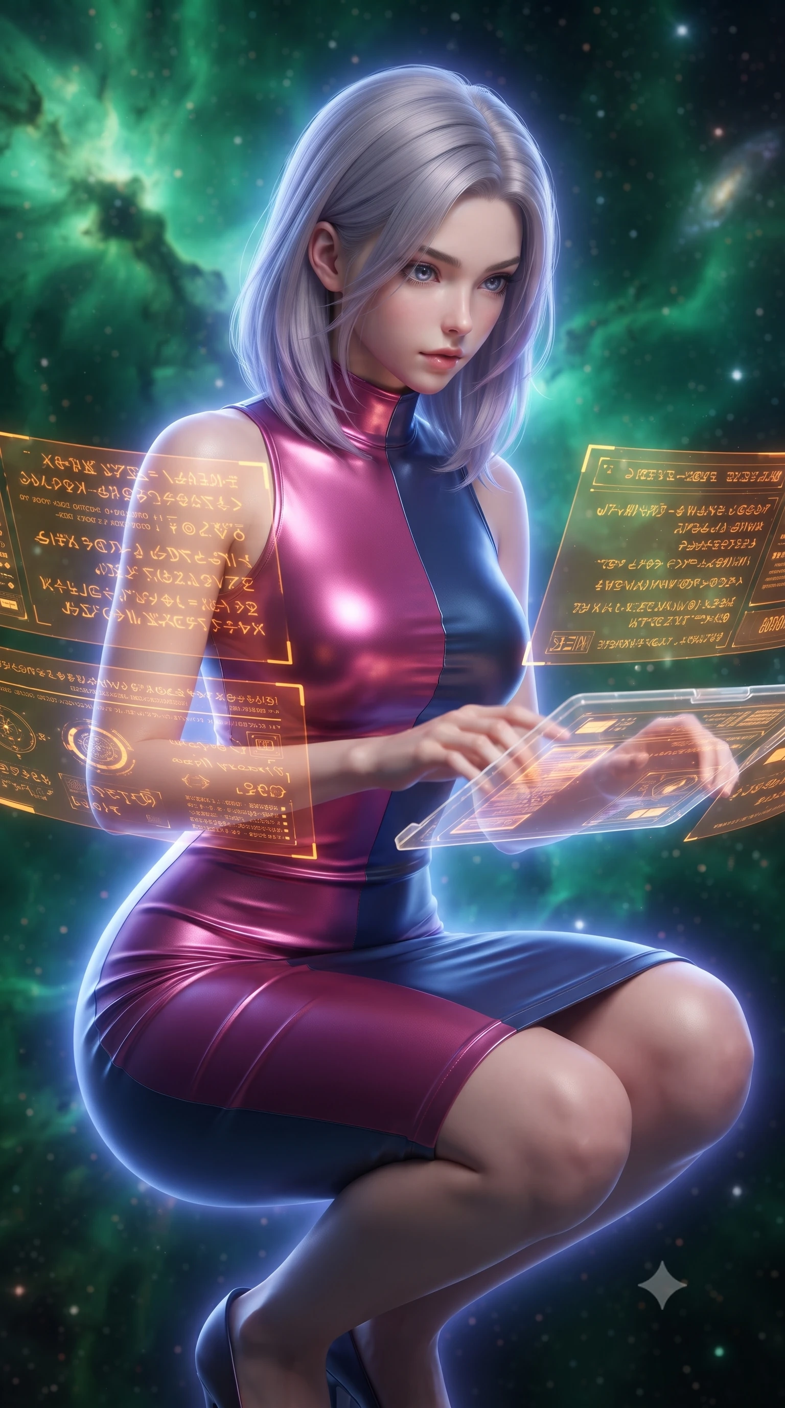 score_9, masterpiece, best quality, ultra-detailed, high-budget anime keyframe, editorial fashion photography, tasteful artistic composition, realistic cosplay photography, Caucasian woman, strictly human ears. close-up cowboy shot from the waist and thighs up, the character dominates the composition, filling the frame with her large presence, background elements kept in soft focus. Hacking a security terminal in a low crouch, fingers moving in a blur as amber code screens surround her. set against a soft-focus background of floating in open space inside an emerald-green gas nebula, clouds of stellar gas shifting in cosmic winds. She has an exceptionally elegant and slender, willowy female figure with an ultra-slim waist, a gracefully sculpted slender torso, and a refined slim physique. sharp v-shaped jawline, high-bridge nose, intricate jewel-like eyes with depth, thick eyelashes, glossy lips with a natural sheen. wearing catching and diffusing the glowing particles, shimmering softly in response to the surrounding light, a tailored high-neck bodycon midi dress in a dual-tone of fuchsia and navy, sculpting her slender dancer frame with elegant lines. cool ethereal blue-violet bioluminescent glow wrapping around her from all sides. ultra-reflective glossy finish, specular highlights, metallic sheen, high-contrast stereoscopic depth, volumetric dynamic lighting, 2k, ultra detail, master piece, 9:16 ratio