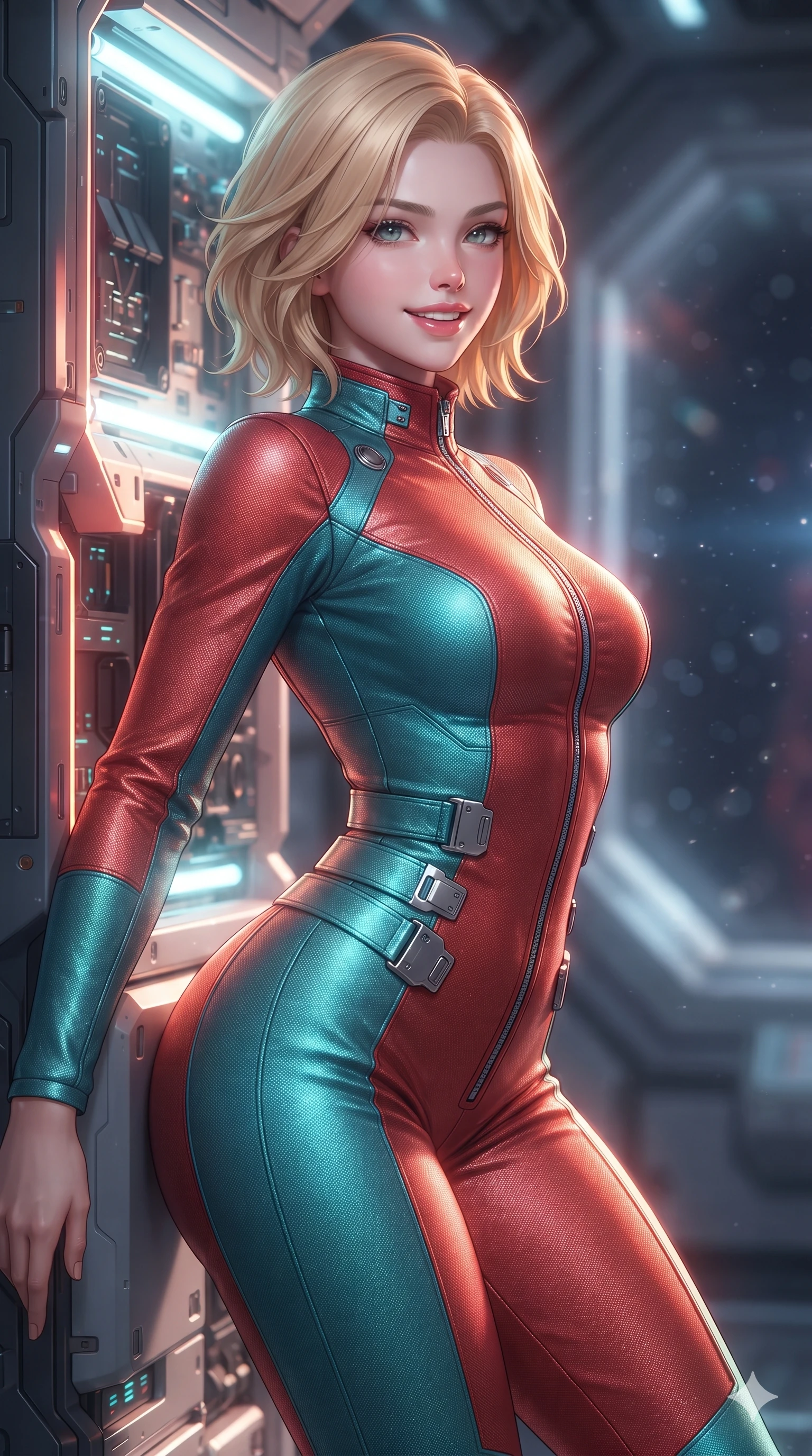 score_9, masterpiece, best quality, ultra-detailed, high-budget anime keyframe, editorial fashion photography, tasteful artistic composition, Caucasian woman. close-up cowboy shot from the waist and thighs up, the character dominates the composition, filling the frame with her large presence. leaning back against the glowing maintenance bulkhead with relaxed seductive grace, her flat midriff and narrow waist highlighted as laser ambient light traces her curves while twisting her slender torso in an alluring contrapposto stance, blazing golden accretion light and deep space void reflections tracing her silhouette with cosmic intensity. The background shows a soft-focus relativistic Doppler particulate glow softened in deep-space observatory shallow focus. She has an exceptionally elegant, slender, and willowy female figure with an ultra-slim waist, flat toned midriff, narrow ribcage, and sculpted feminine hips creating an alluring, slim hourglass silhouette without bulk. sharp v-shaped jawline, high-bridge nose, intricate jewel-like sparkling eyes with depth, thick eyelashes, glossy parted lips with a natural sheen, bright confident smile with an enchanting and coquettish sensual glint, exuding both youthful magnetic charm and sovereign high-tech allure, flawlessly proportioned anatomical accuracy, strict slender model proportions, natural body alignment, perfectly sculpted long slender limbs, ultra-slim waistline, clean dynamic posture without body distortion. wearing a refined long-sleeve high-collar flight jumpsuit crafted with ergonomic pressure-sealed seams in cyber-shinto vermilion and laser turquoise, woven from high-density tech-wool with subtle metallic thread weave, finished with polished chrome buckle hardware and modular magnetic holster clasps, the bespoke structured tailoring following the natural line of her 8.5-heads silhouette with refined elegance. illuminated by viewport reflection bounce and sharp gold-crimson rim lights sculpting her razor-sharp jawline, narrow waist, and curvy hips. ultra-reflective glossy finish, specular highlights, rich textural contrasts, high-contrast stereoscopic depth, volumetric dynamic lighting, 2k, ultra detail, master piece, 9:16 ratio