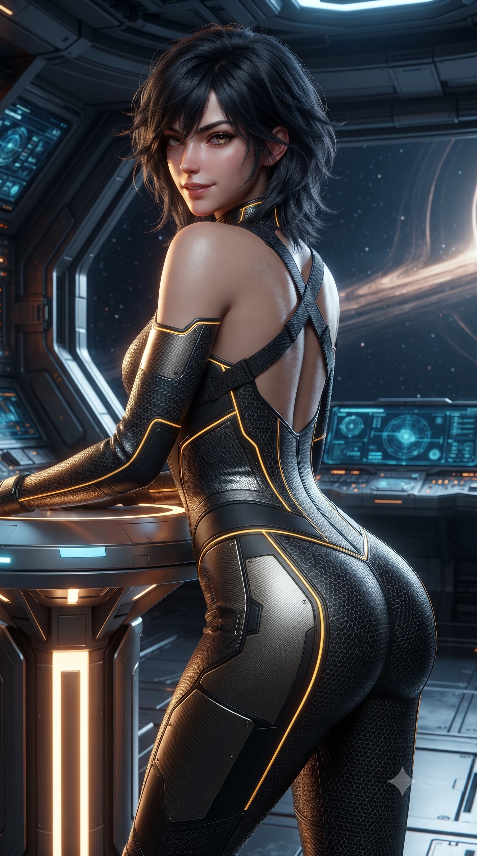 score_9, masterpiece, best quality, ultra-detailed, high-budget anime keyframe, editorial fashion photography, tasteful artistic composition, Caucasian woman. close-up cowboy shot from the waist and thighs up, the character dominates the composition, filling the frame with her large presence. leaning forward over the illuminated command console while arching her lower back to accentuate her curvy hips, looking into the camera with a confident smoldering smile and intense bedroom-eyes while leaning against the gravity-stabilizer pedestal with hips cocked back, looking back over a bare shoulder with fearless, intoxicating bedroom-eyes. The surrounding environment is rendered in vivid detail and crisp panoramic clarity: detailed combat suit weave, blinding accretion light reflections on armor, and deep-space observatory architecture in high clarity. She has an exceptionally elegant, slender, and willowy female figure with an ultra-slim waist, flat toned midriff, narrow ribcage, and sculpted feminine hips creating an alluring, slim hourglass silhouette without bulk. sharp v-shaped jawline, high-bridge nose, intricate jewel-like sparkling eyes with depth, thick eyelashes, glossy parted lips with a natural sheen, bright confident smile with an enchanting and coquettish sensual glint, exuding both youthful magnetic charm and sovereign high-tech allure, flawlessly proportioned anatomical accuracy, strict slender model proportions, natural body alignment, perfectly sculpted long slender limbs, ultra-slim waistline, clean dynamic posture without body distortion. wearing an aerodynamic second-skin combat bodysuit with hexagonal carbon weave and glowing circuit seam piping in industrial hazard yellow and matte carbon black, tailored from brushed aeronautical titanium alloy with matte satin sheen, finished with criss-cross Kevlar tactical straps tracing her graceful shoulder blades, the form-fitting tactical tailoring adhering flawlessly to her sculpted flat midriff and slender torso, emphasizing her long leg lines and perfectly proportioned willowy build. illuminated by cabin instrument fills and sharp molten-gold rim lights defining her razor-sharp jawline, narrow waist, and curvy hips. ultra-reflective glossy finish, specular highlights, rich textural contrasts, high-contrast stereoscopic depth, volumetric dynamic lighting, 2k, ultra detail, master piece, 9:16 ratio