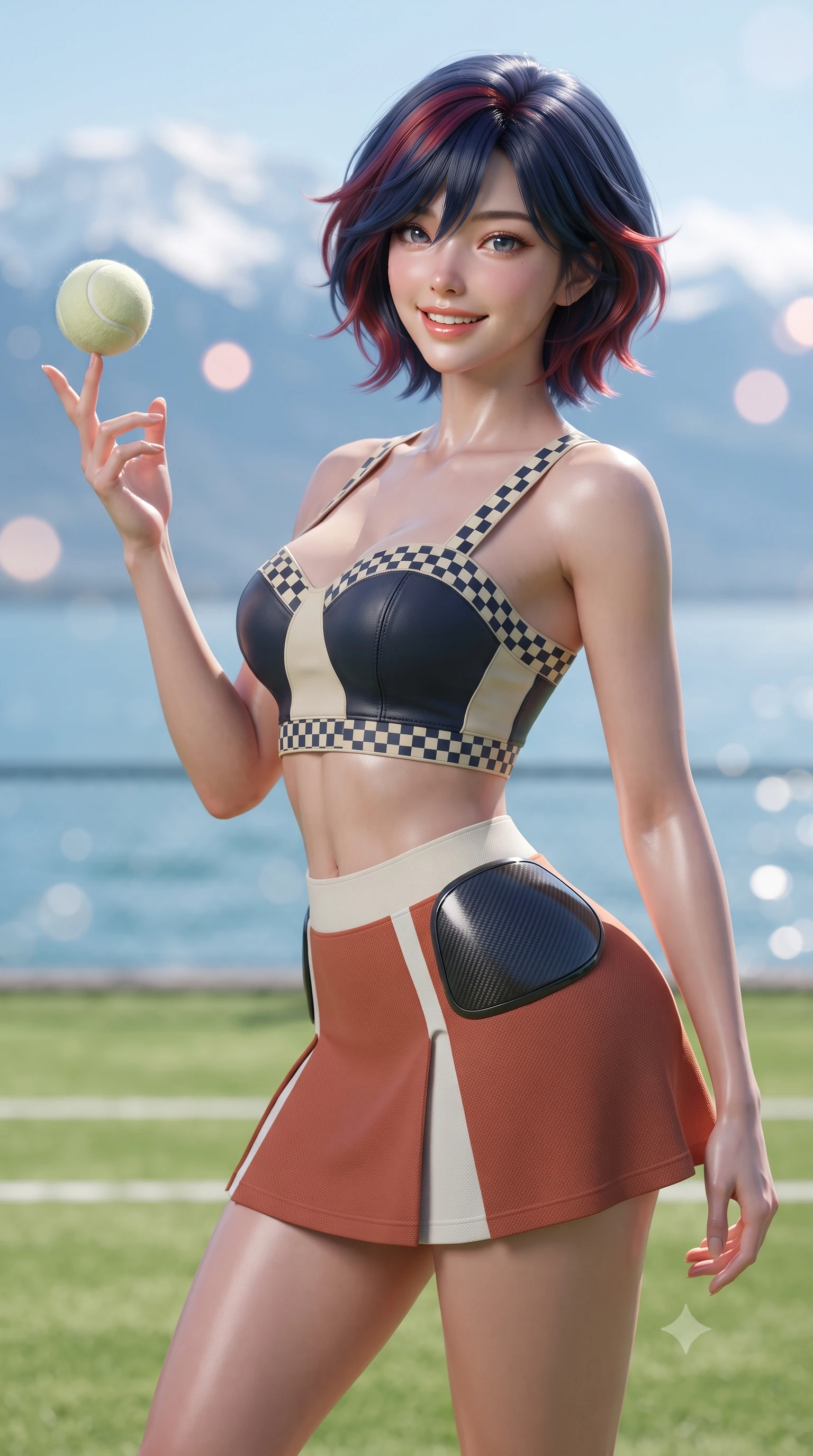 score_9, masterpiece, best quality, ultra-detailed, high-budget anime keyframe, editorial fashion photography, tasteful artistic composition, Korean woman. close-up cowboy shot from the waist and thighs up, the character dominates the composition, filling the frame with her large presence. playfully spinning a tennis ball on her fingertips, her radiant smile capturing fresh girlhood charm while her arched torso reveals an intoxicating hip contour while standing on the pristine grass court overlooking Lake Geneva, arching her back with high-society poise as snowy Mont Blanc glimmers in the distance. The background shows a soft-focus tranquil Lake Geneva waters and the majestic snow-covered dome of Mont Blanc blurred into icy sapphire, cloud white, and rose-gold bokeh. She has an exceptionally elegant, slender, and willowy female figure with an ultra-slim waist, flat toned midriff, narrow ribcage, and sculpted feminine hips creating an alluring, slim hourglass silhouette without bulk. sharp v-shaped jawline, high-bridge nose, sparkling eyes with athletic focus and depth, thick curled eyelashes, glossy parted lips with a natural coral-peach sheen, bright confident and coquettish smile with alluring bedroom-eyes, exuding both youthful sporty vigor and sovereign high-society glamour, flawlessly proportioned anatomical accuracy, strict slender model proportions, natural body alignment, perfectly sculpted long slender limbs, ultra-slim waistline, clean dynamic posture without body distortion. wearing a chic leather bustier top with checkered flag trim paired with an ultra-short A-line tennis skirt in classic clay-court terracotta and cloud white, made of second-skin technical compression piqué knit with moisture-wicking stretch, accented with sleek aerodynamic carbon-fiber hip pads framing her narrow waist, the glove-like aerodynamic silhouette tightly following the natural contour of her hips and long slender legs with youthful 8.5-heads elegance. illuminated by lake water reflection fill and sharp platinum rim lights defining her sculpted collarbones, ultra-slim waist, and curvy hips. ultra-reflective glossy finish, specular highlights, rich textural contrasts, high-contrast stereoscopic depth, volumetric dynamic lighting, 2k, ultra detail, master piece, 9:16 ratio